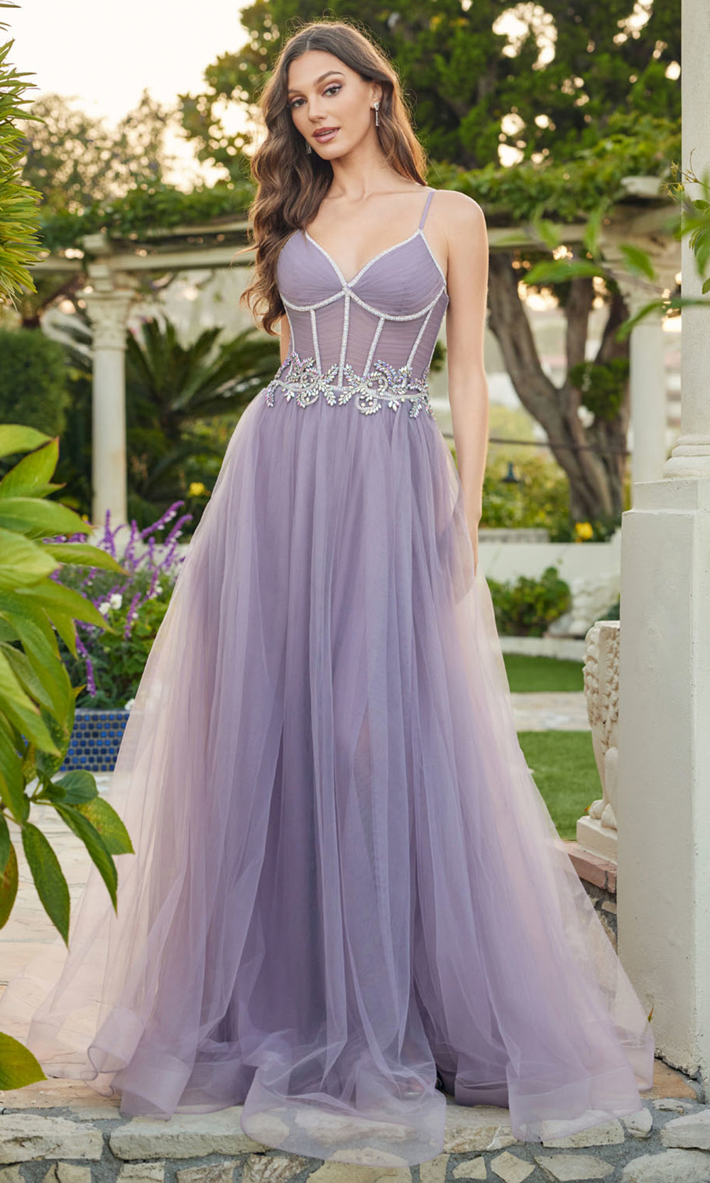 Juliet Dresses JT2638G - Sheer Floral Corset Evening Dress Prom Dresses in Grey Purple