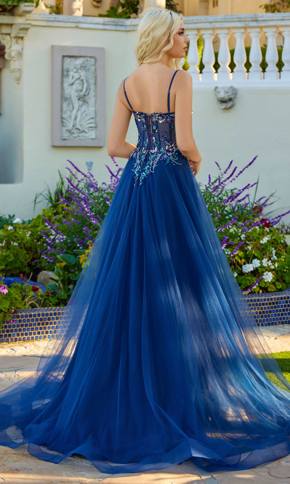 Juliet Dresses JT2640G - Beaded Corset Sheer Overskirt Evening Dress Prom Dresses in Navy Blue