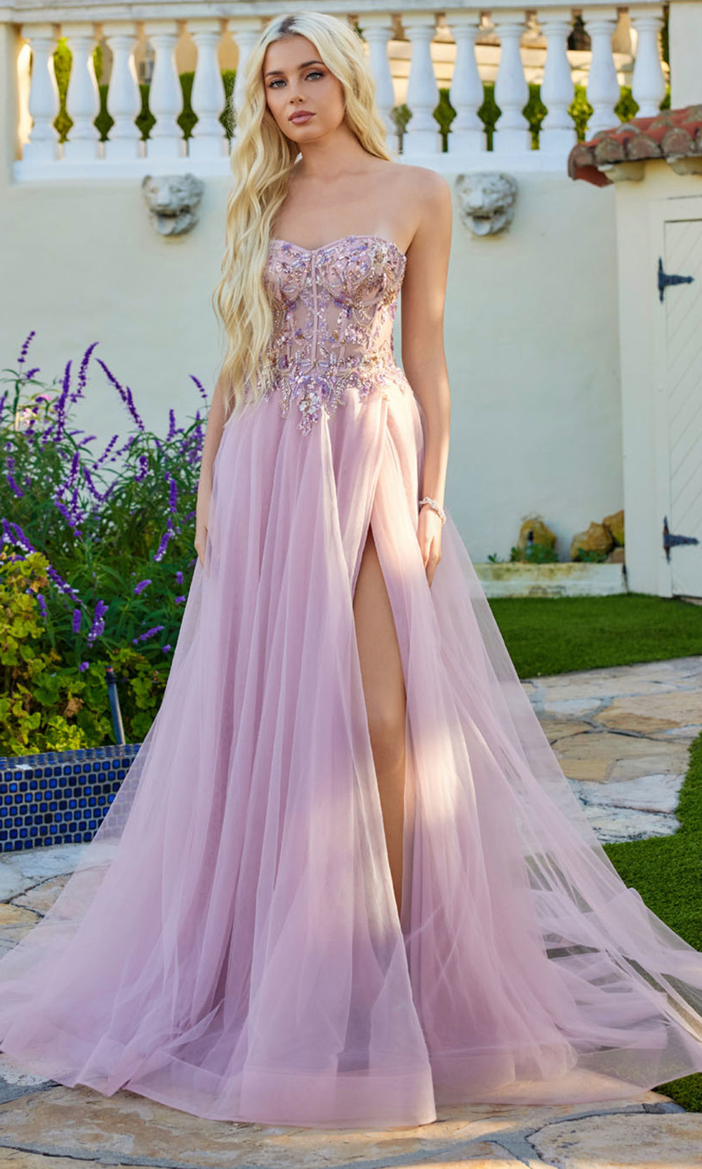 Juliet Dresses JT2640G - Beaded Corset Sheer Overskirt Evening Dress Prom Dresses in Rose