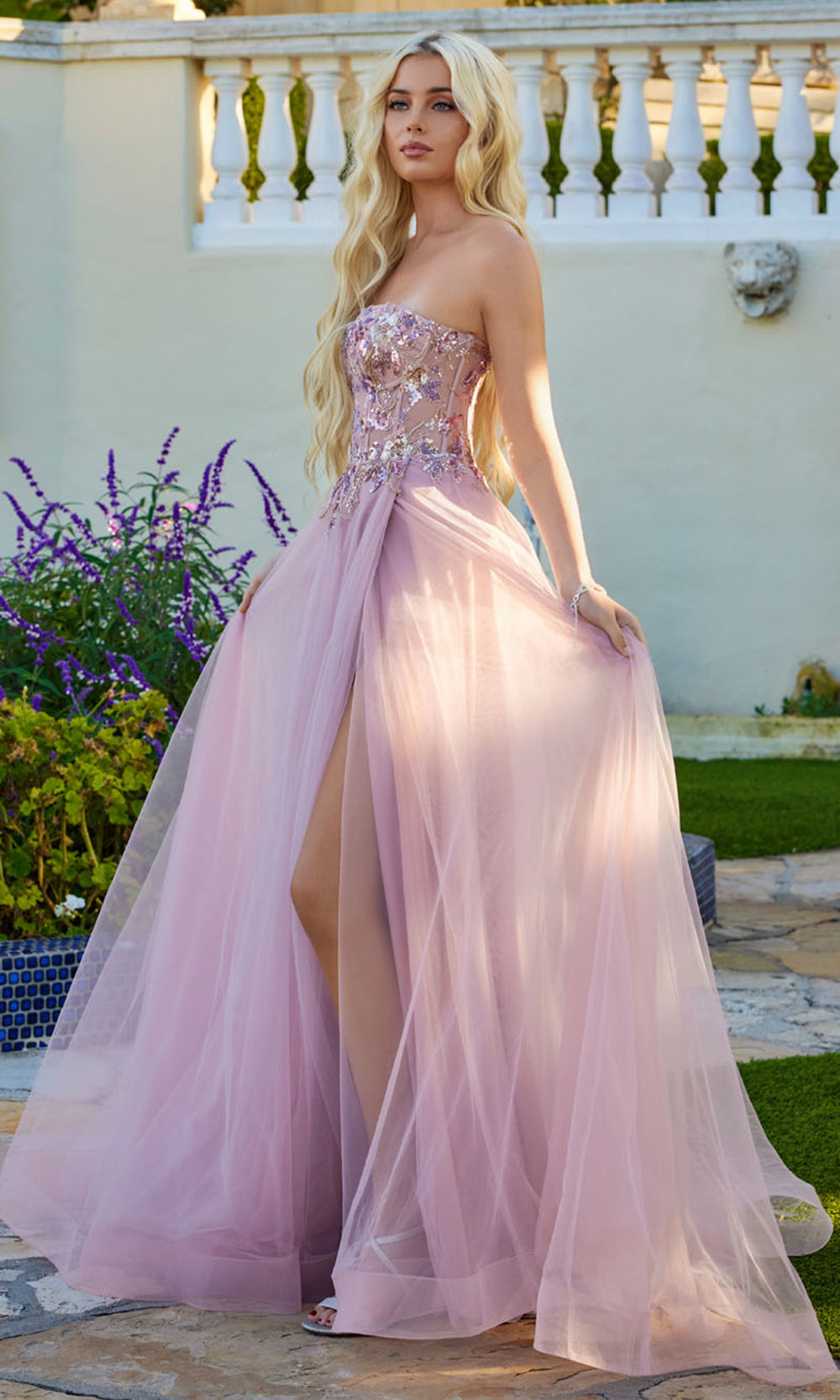 Juliet Dresses JT2640G - Beaded Corset Sheer Overskirt Evening Dress Prom Dresses in Rose