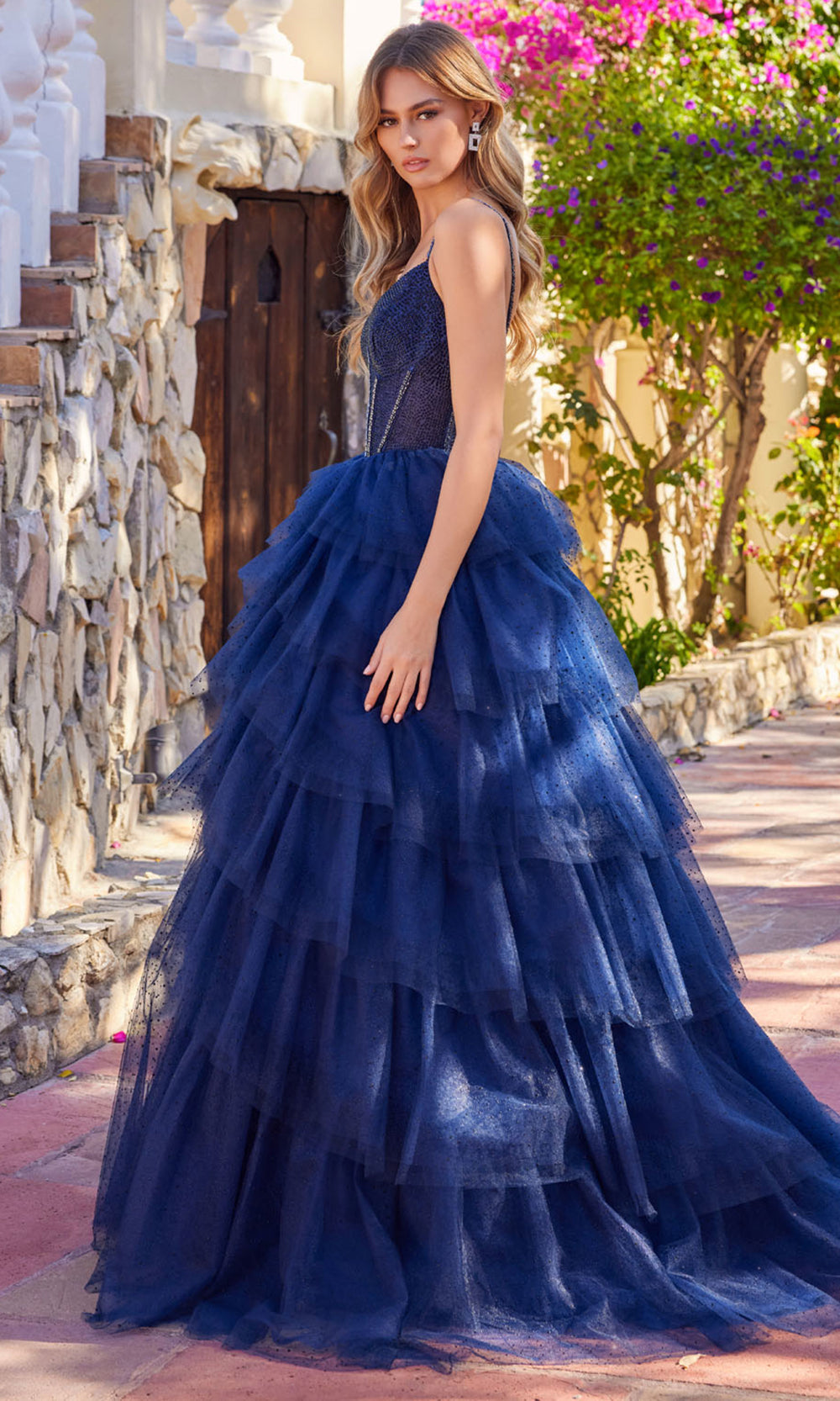 Juliet Dresses JT2611N - Corset Sheer Overskirt Evening Ballgown Ball Gowns in Navy Blue