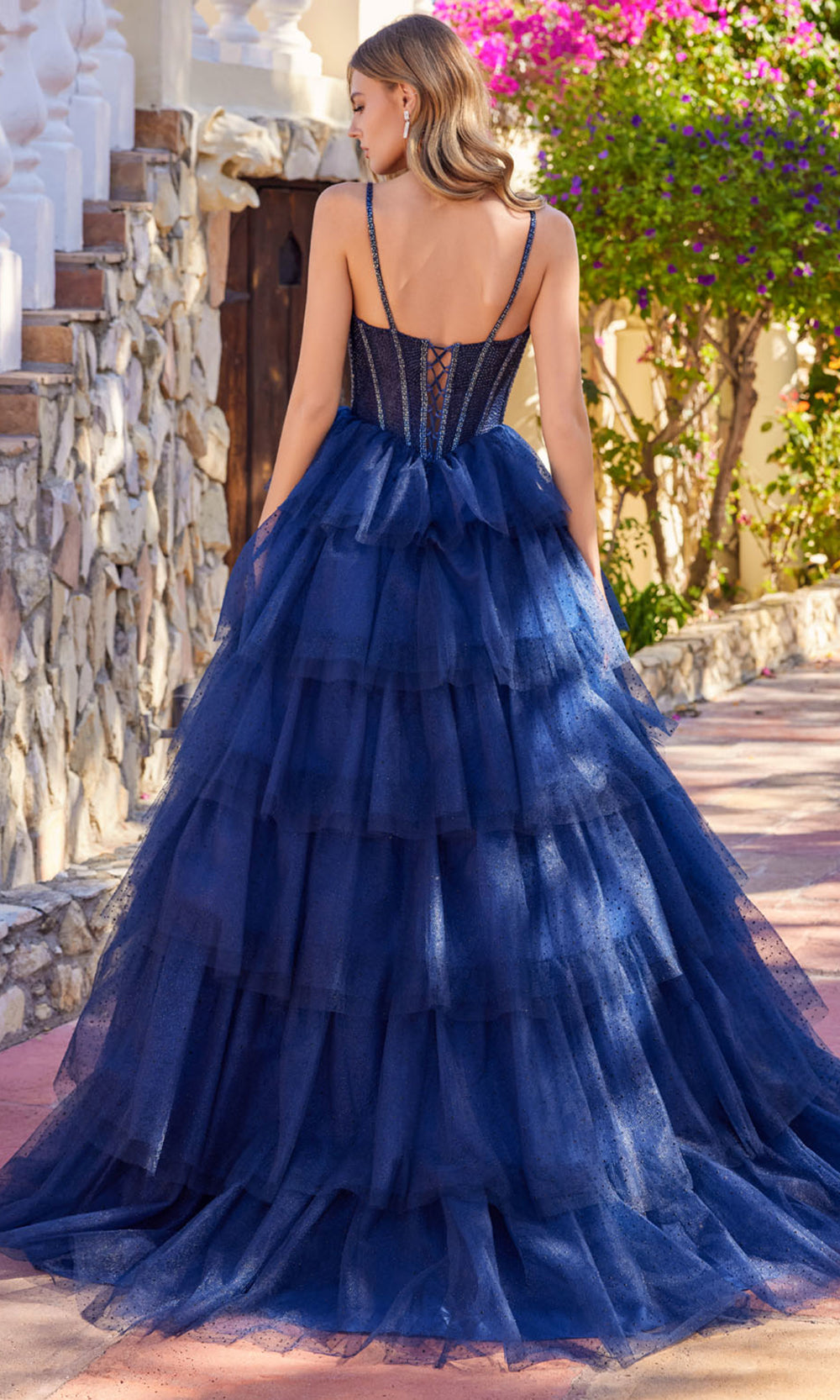 Juliet Dresses JT2611N - Corset Sheer Overskirt Evening Ballgown Ball Gowns in Navy Blue