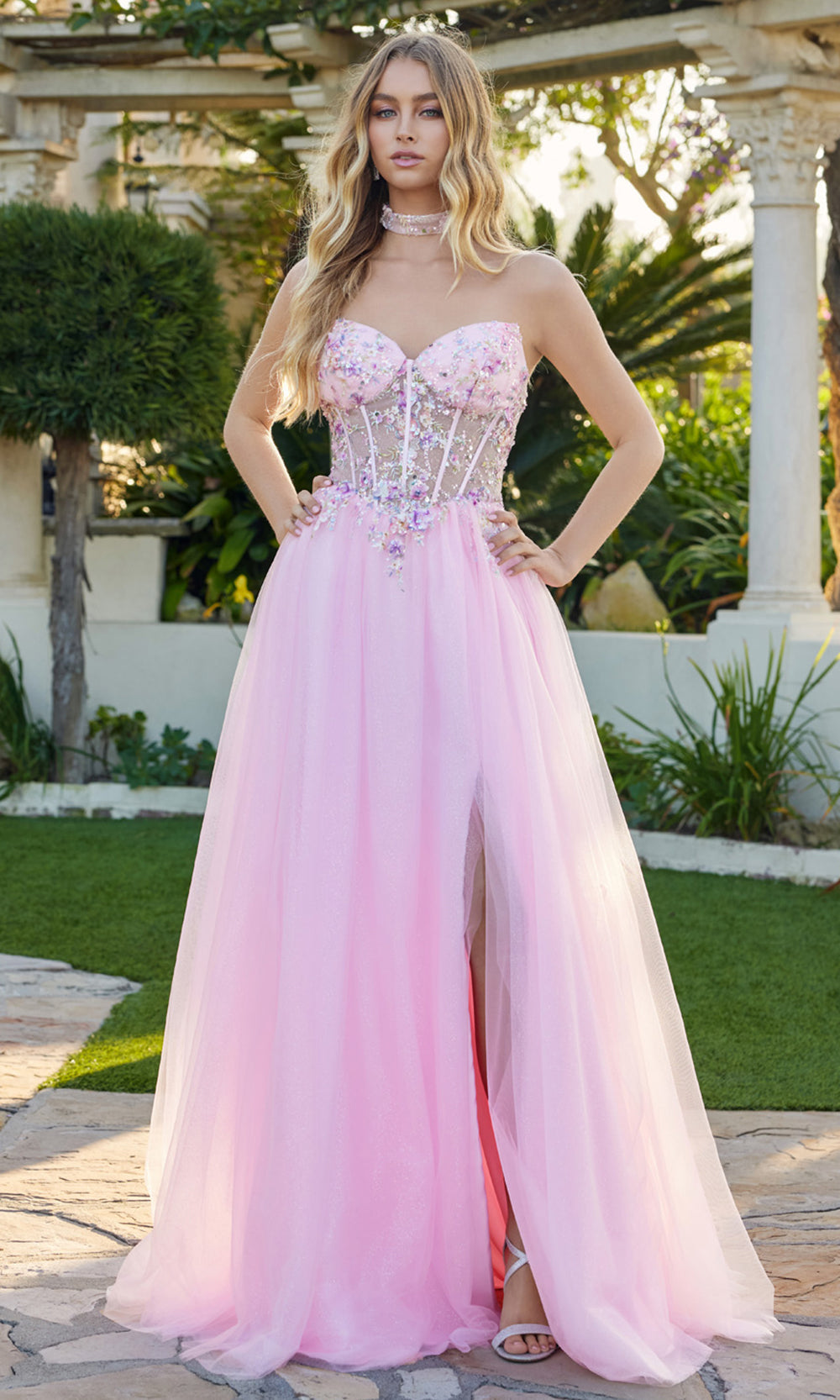 Juliet Dresses JT2682A - Sheer Floral Layered Evening Dress Prom Dresses in Baby Pink