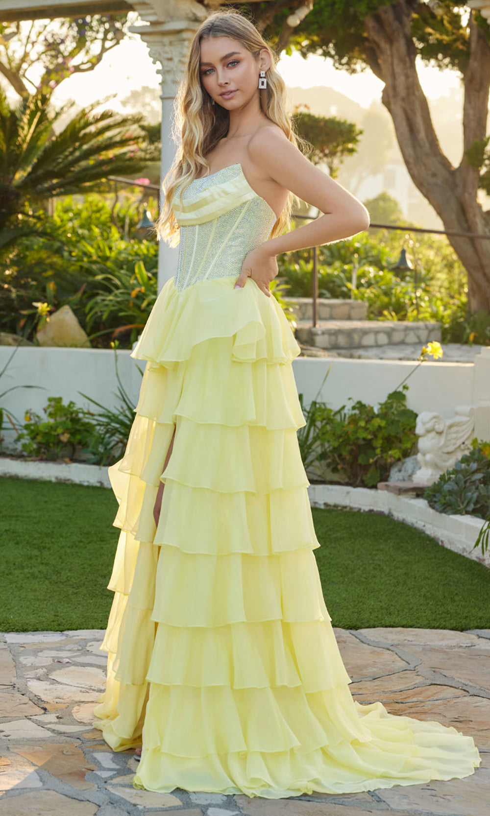 Juliet Dresses JT2738S - Embellished Bodice Tiered Ruffle Evening Dress Prom Dresses in Yellow