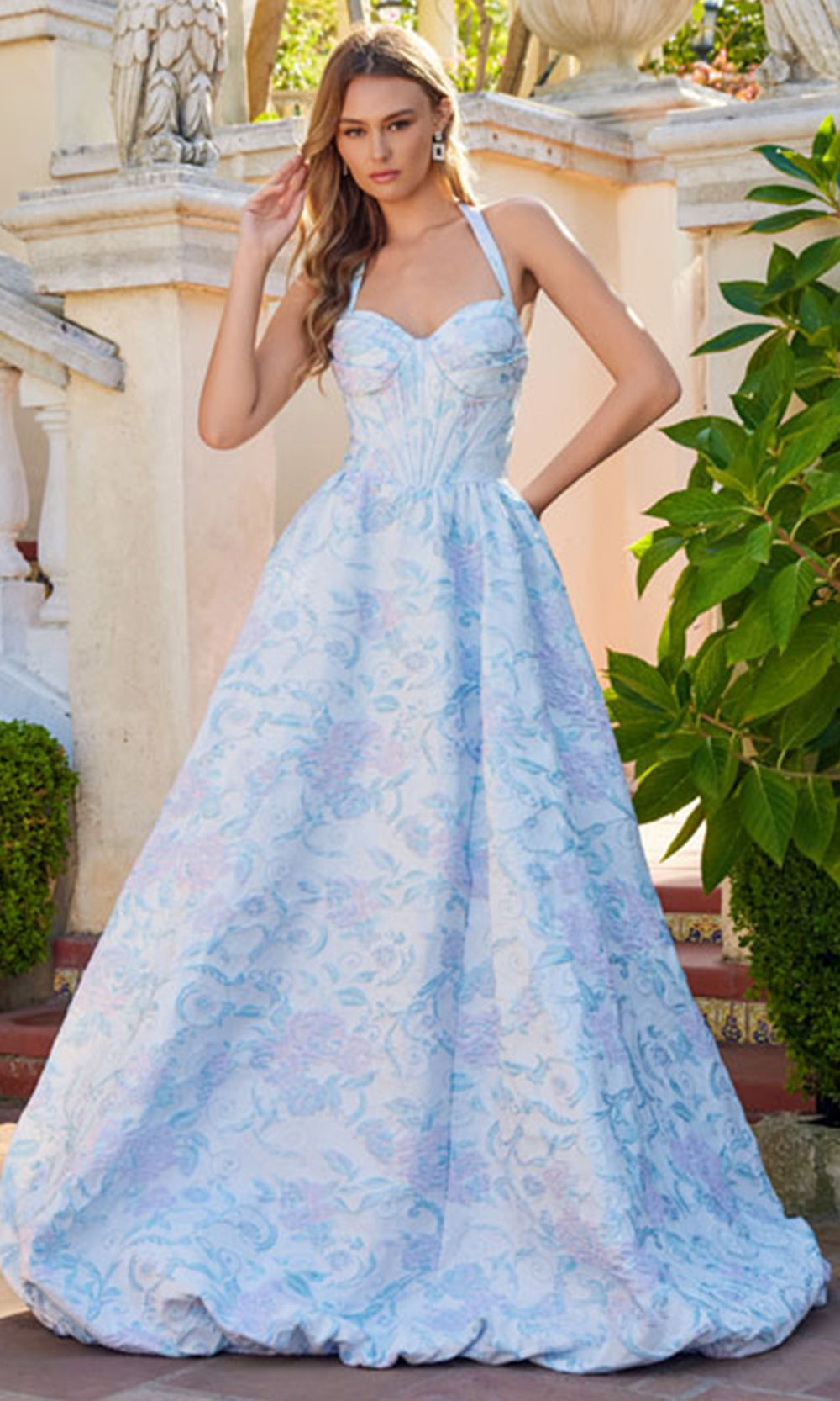 Juliet Dresses JT2742A - Halter Neck Floral Evening Dress Prom Dresses in Aqua Mist