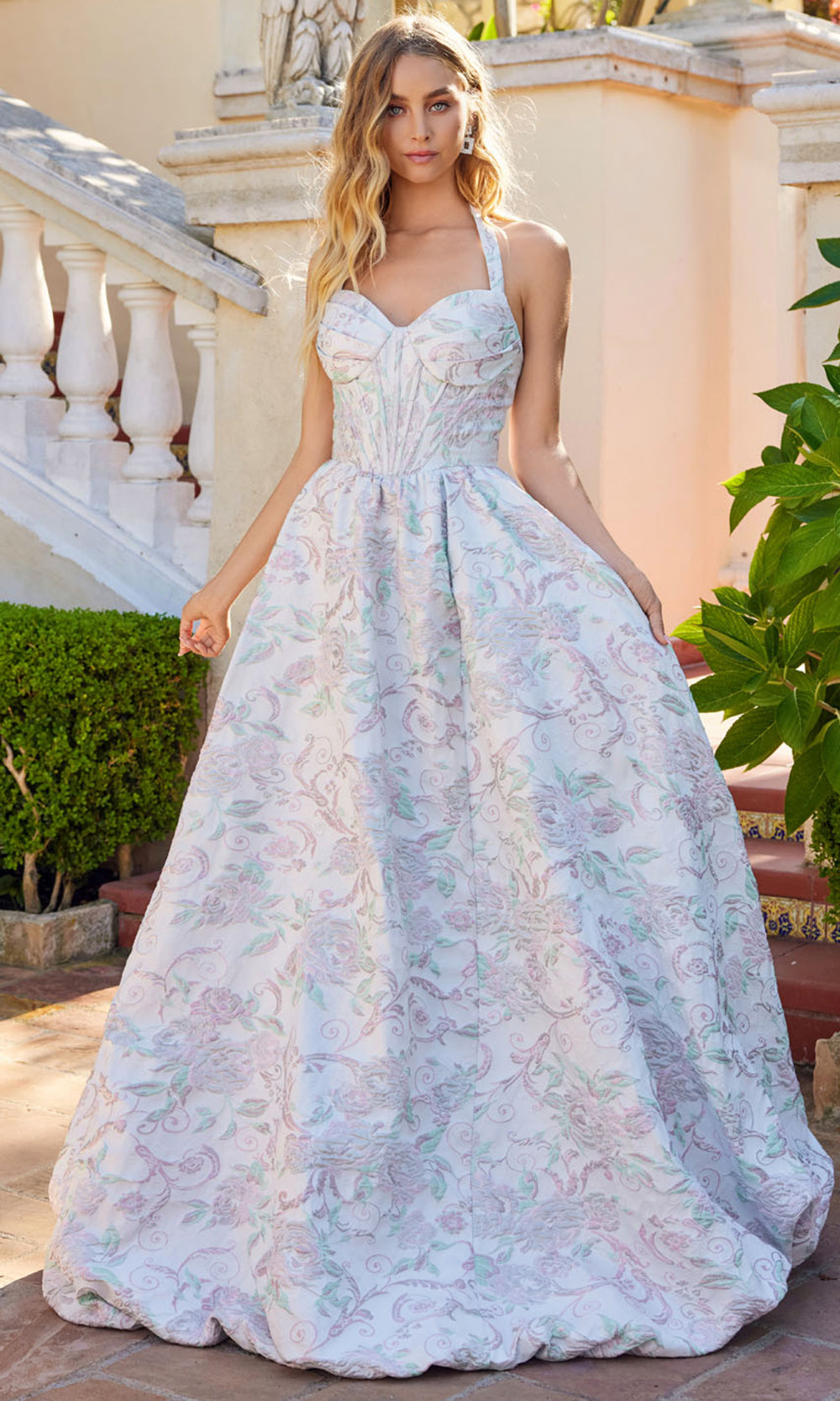 Juliet Dresses JT2742A - Halter Neck Floral Evening Dress Prom Dresses in Blush Garden