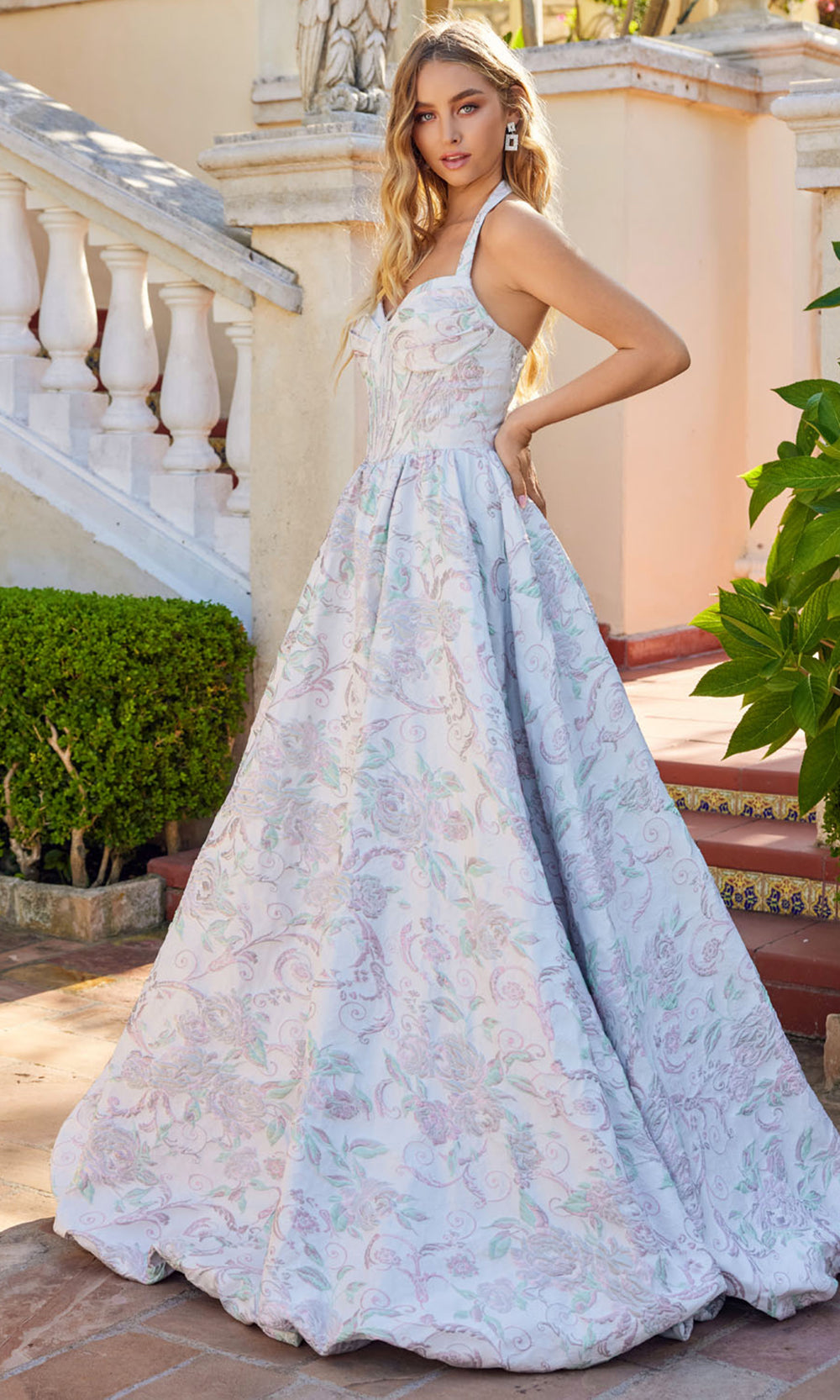 Juliet Dresses JT2742A - Halter Neck Floral Evening Dress Prom Dresses in Blush Garden