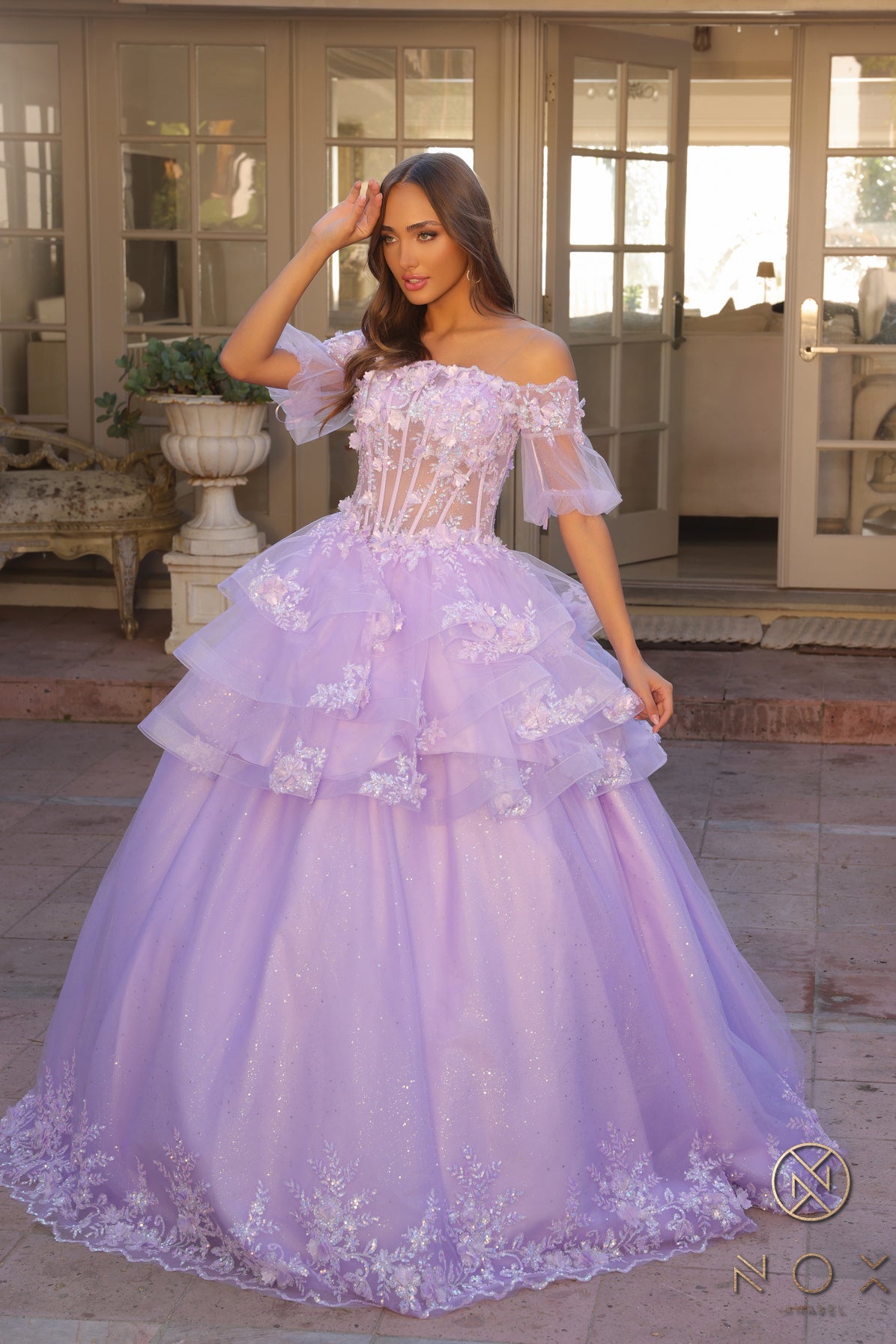 Nox Anabel H1360 - Off Shoulder Ruffle Evening Dress