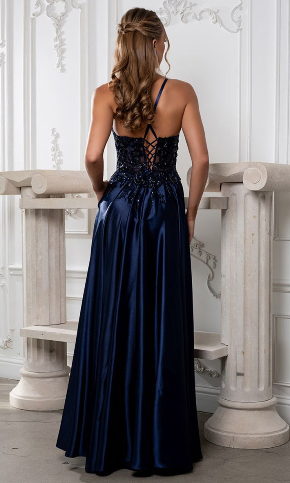 May Queen MQ2217 - Halter Neck Embroidered Evening Dress Prom Dresses in Navy 