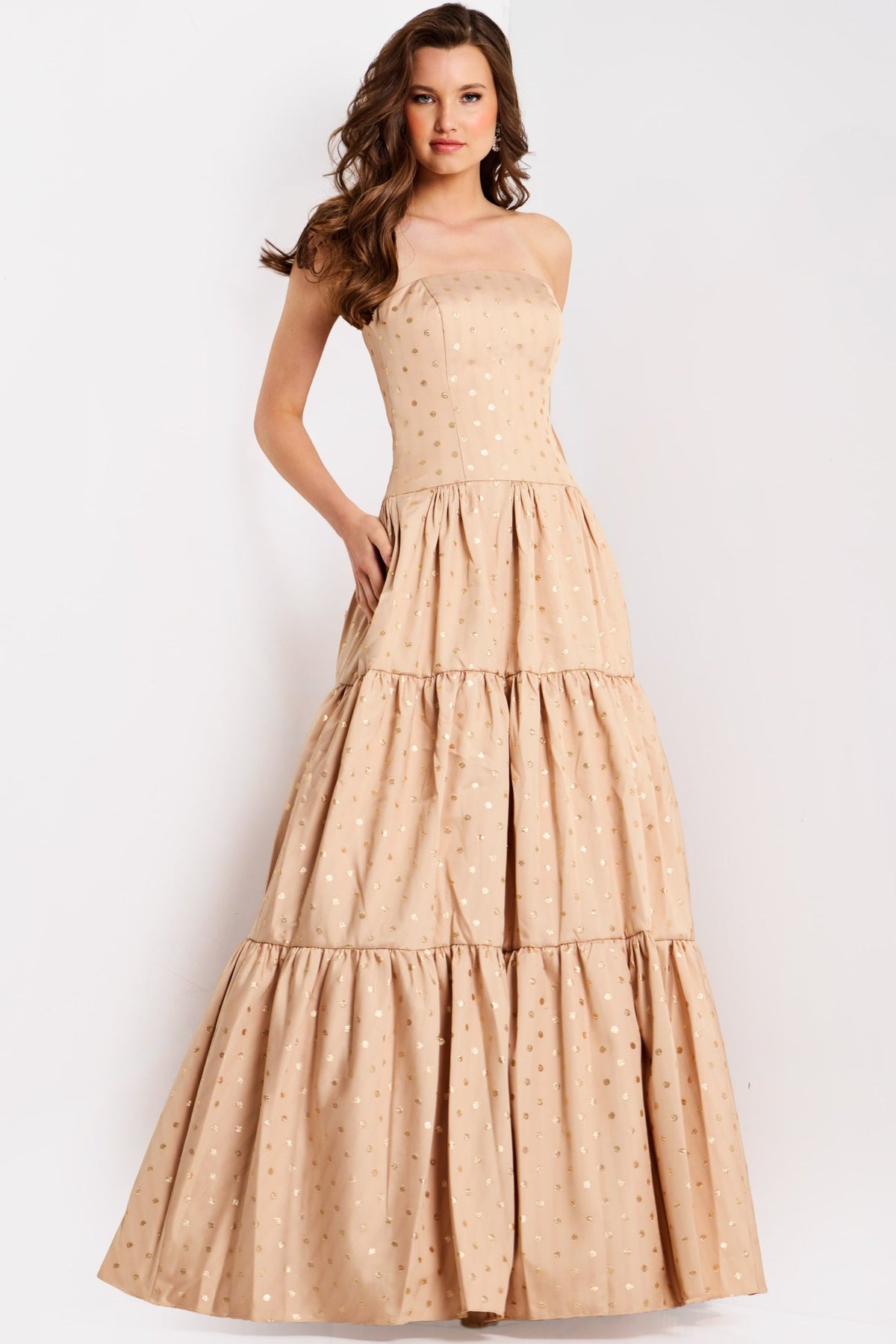 Jovani 49341 - Tiered A-Line Dress with Polka Dot Detail Prom Dresses In Gold