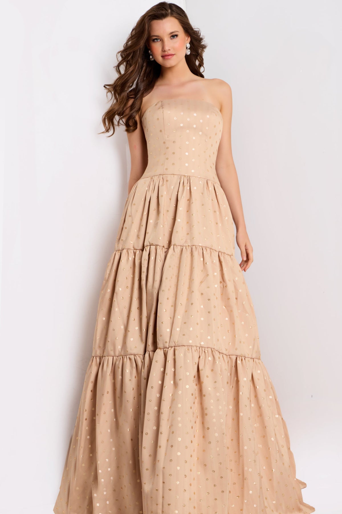 Jovani 49341 - Tiered A-Line Dress with Polka Dot Detail Prom Dresses In Gold