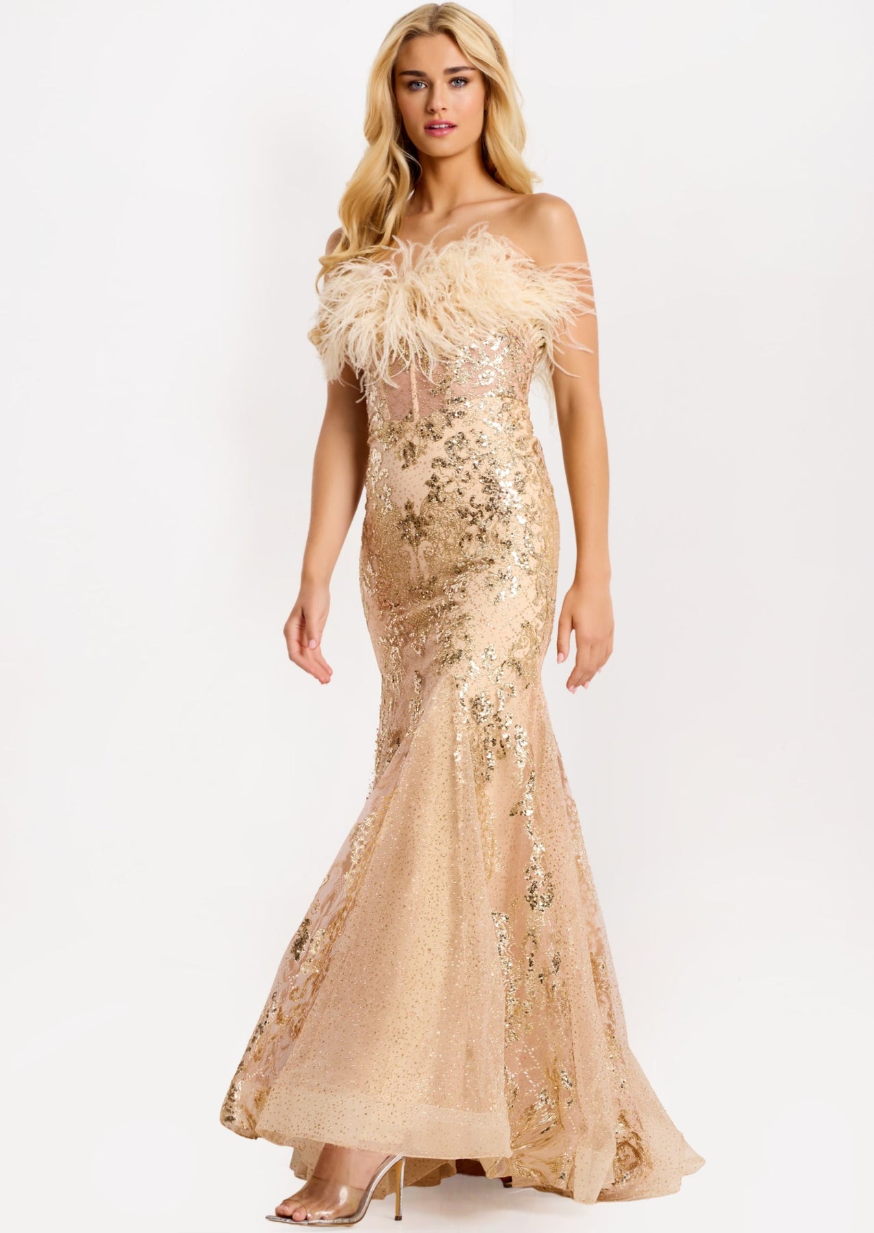 Jovani 48465 - Strapless Feather Trim Mermaid Dress Prom Dresses in In Gold