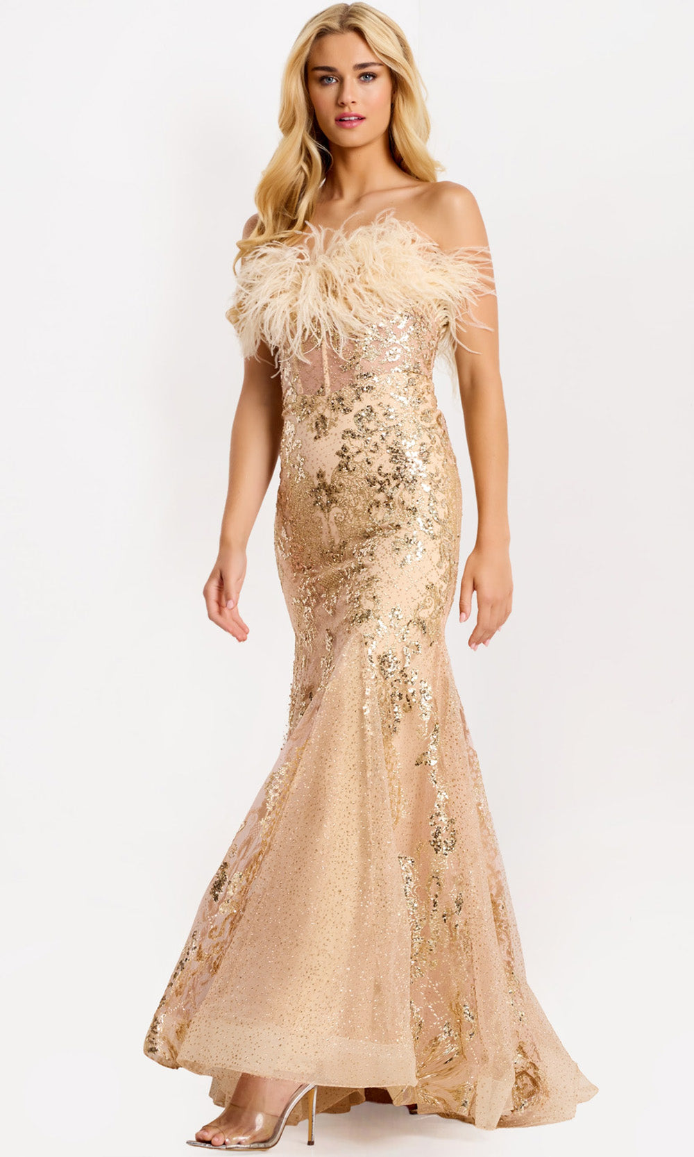 Jovani 48465 - Strapless Feather Trim Mermaid Dress