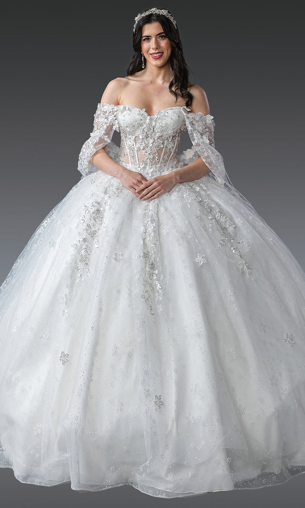Dancing Queen Bridal 0277 - Off Shoulder Cape Sleeve 3D Floral Ballgown Bridal Dresses in White 