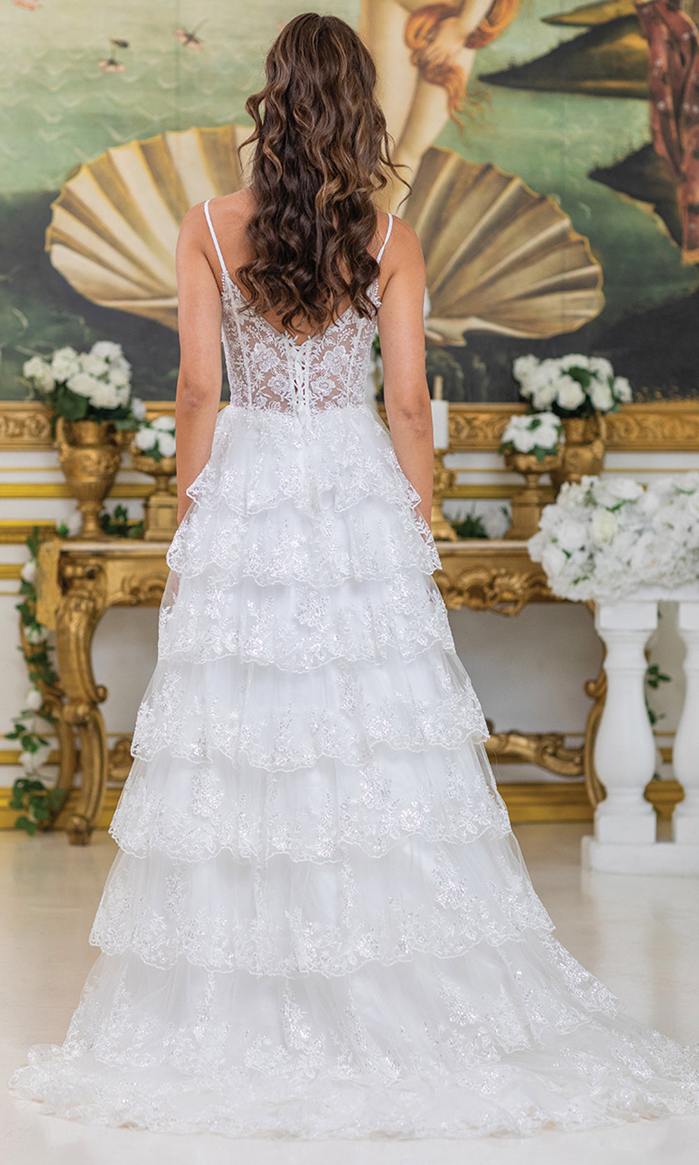 Dancing Queen Bridal 0286 - Spaghetti Strap Tiered Gown with Slit Bridal Dresses in White