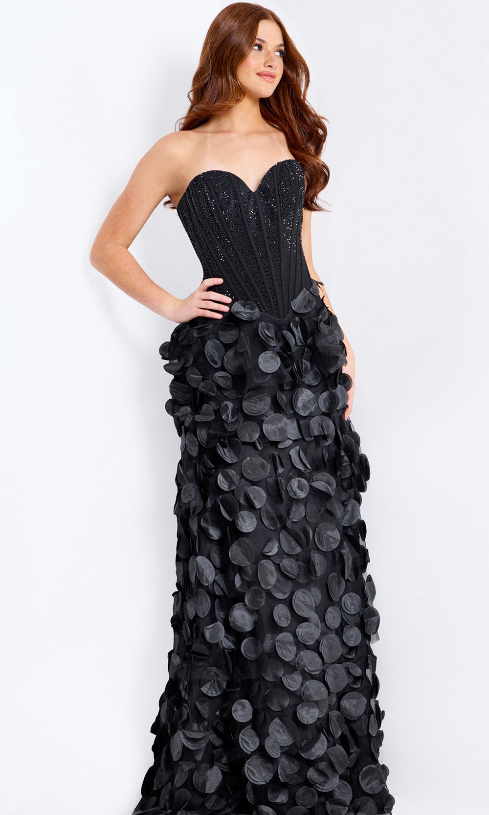 Jovani 49384 - Beaded Corset A-Line Dress with Petal Applique