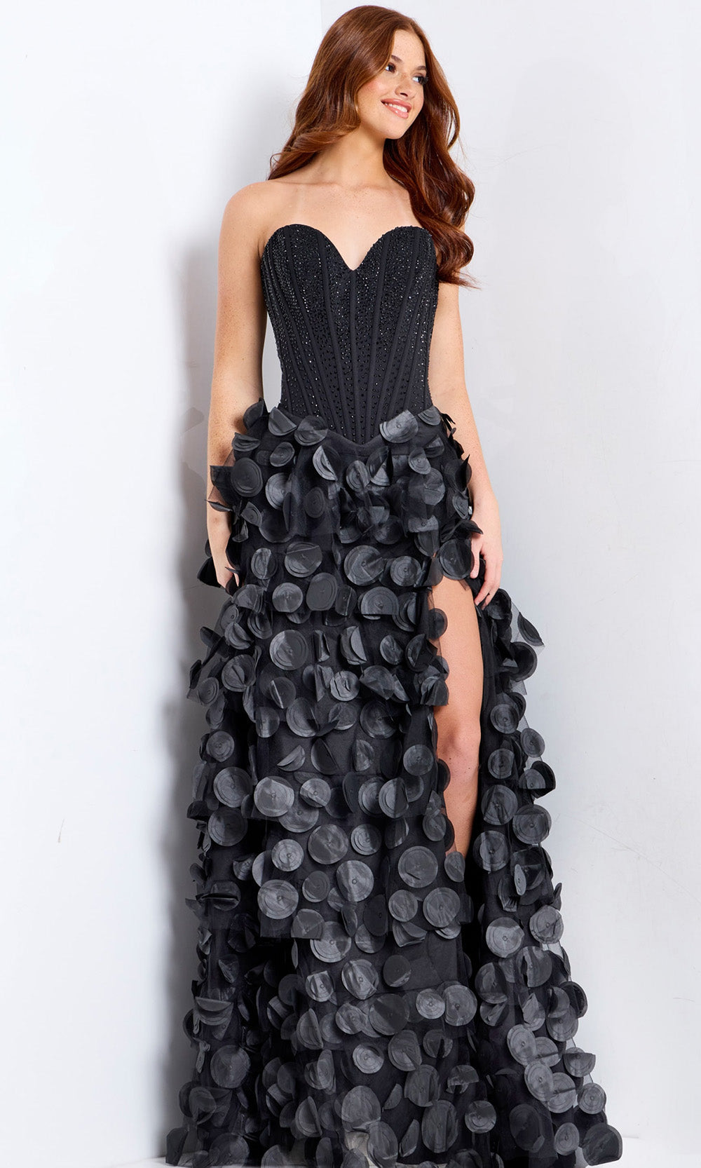 Jovani 49384 - Beaded Corset A-Line Dress with Petal Applique