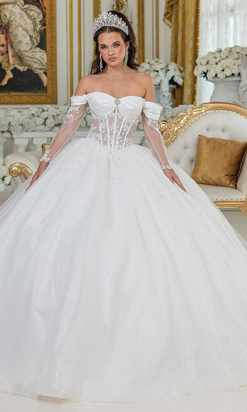 Dancing Queen Bridal 0292 - Illusion Sleeve Embellished Basque Ballgown Bridal Dresses in White 