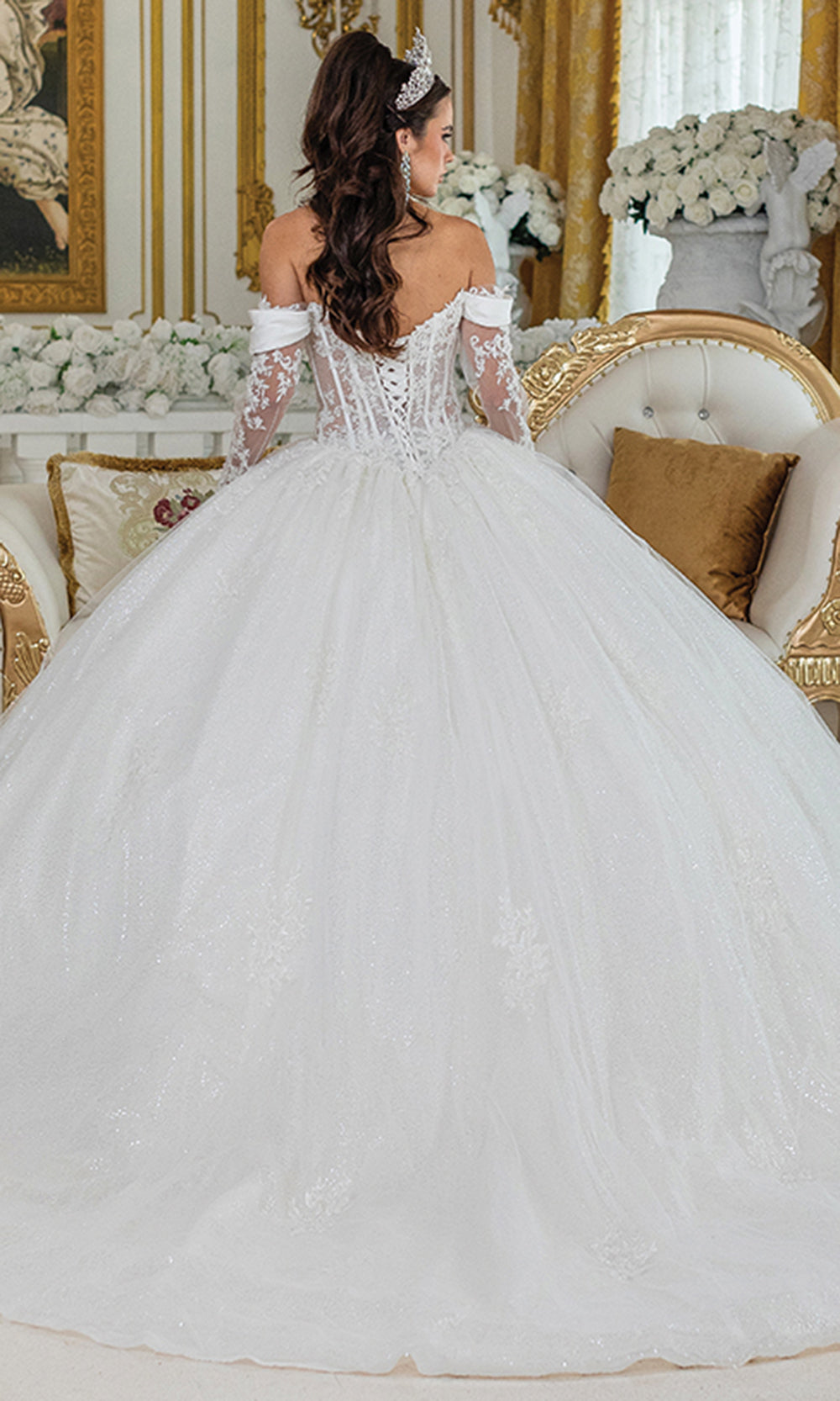Dancing Queen Bridal 0292 - Illusion Sleeve Embellished Basque Ballgown Bridal Dresses in White 