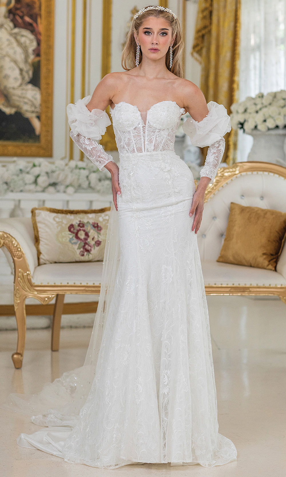 Dancing Queen Bridal 0295 - Sweetheart Lace Applique Gown with Overskirt Wedding Dresses in White