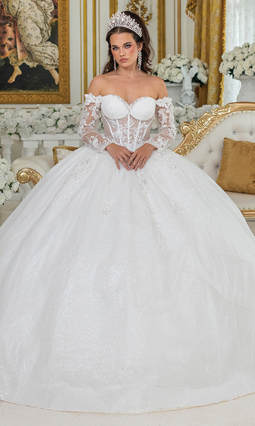 Dancing Queen Bridal 0300 - Illusion Sleeve Embroidered Applique Ballgown Bridal Dresses in White 