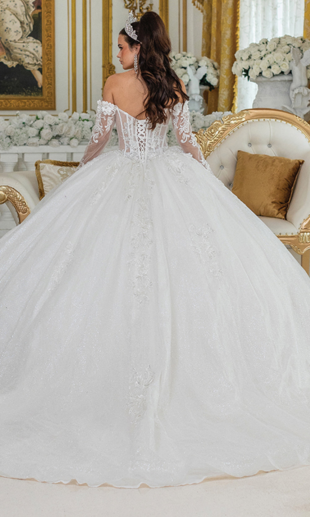 Dancing Queen Bridal 0300 - Illusion Sleeve Embroidered Applique Ballgown Bridal Dresses in White 