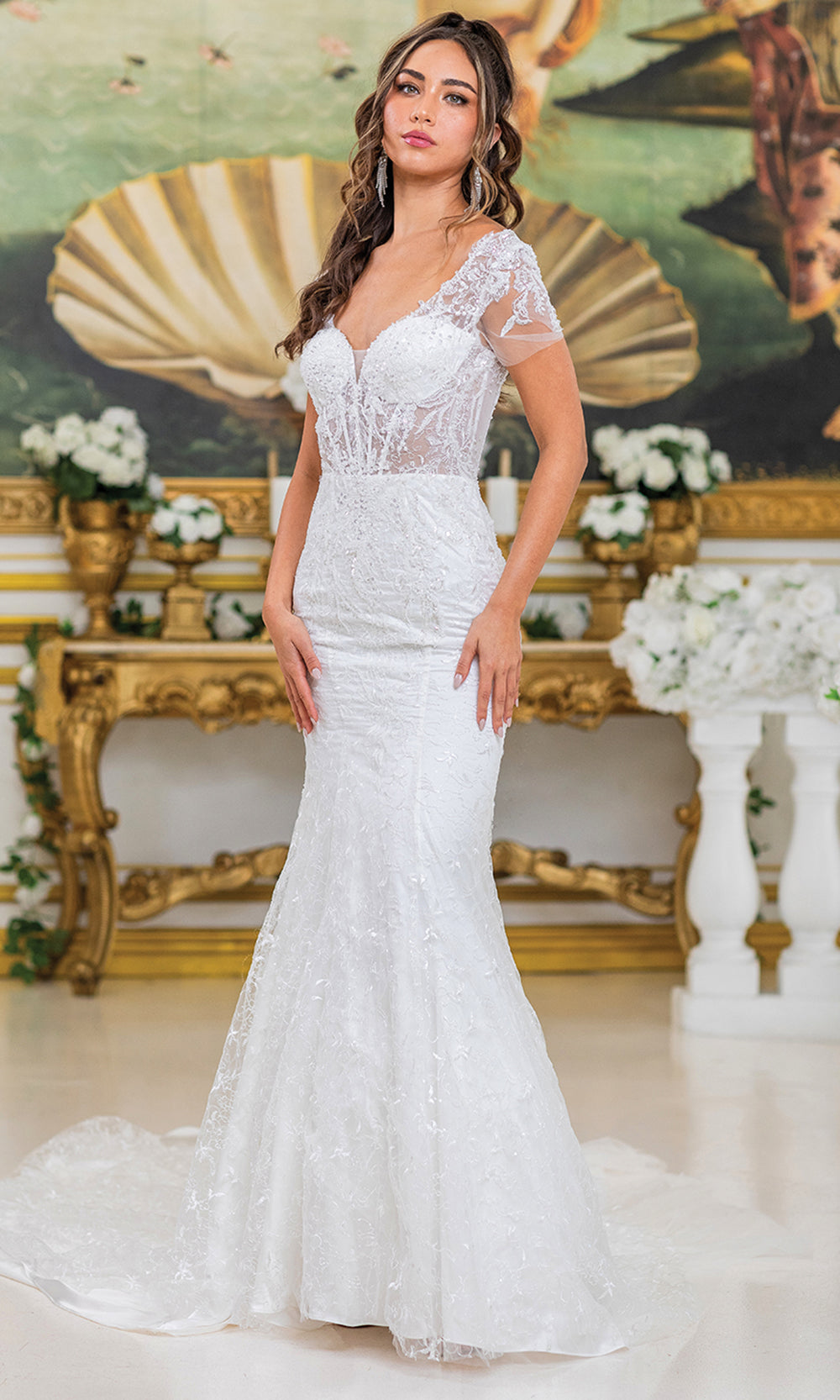 Dancing Queen Bridal 0302 - Illusion Plunging V-Neck Embellished Gown Wedding Dresses in White