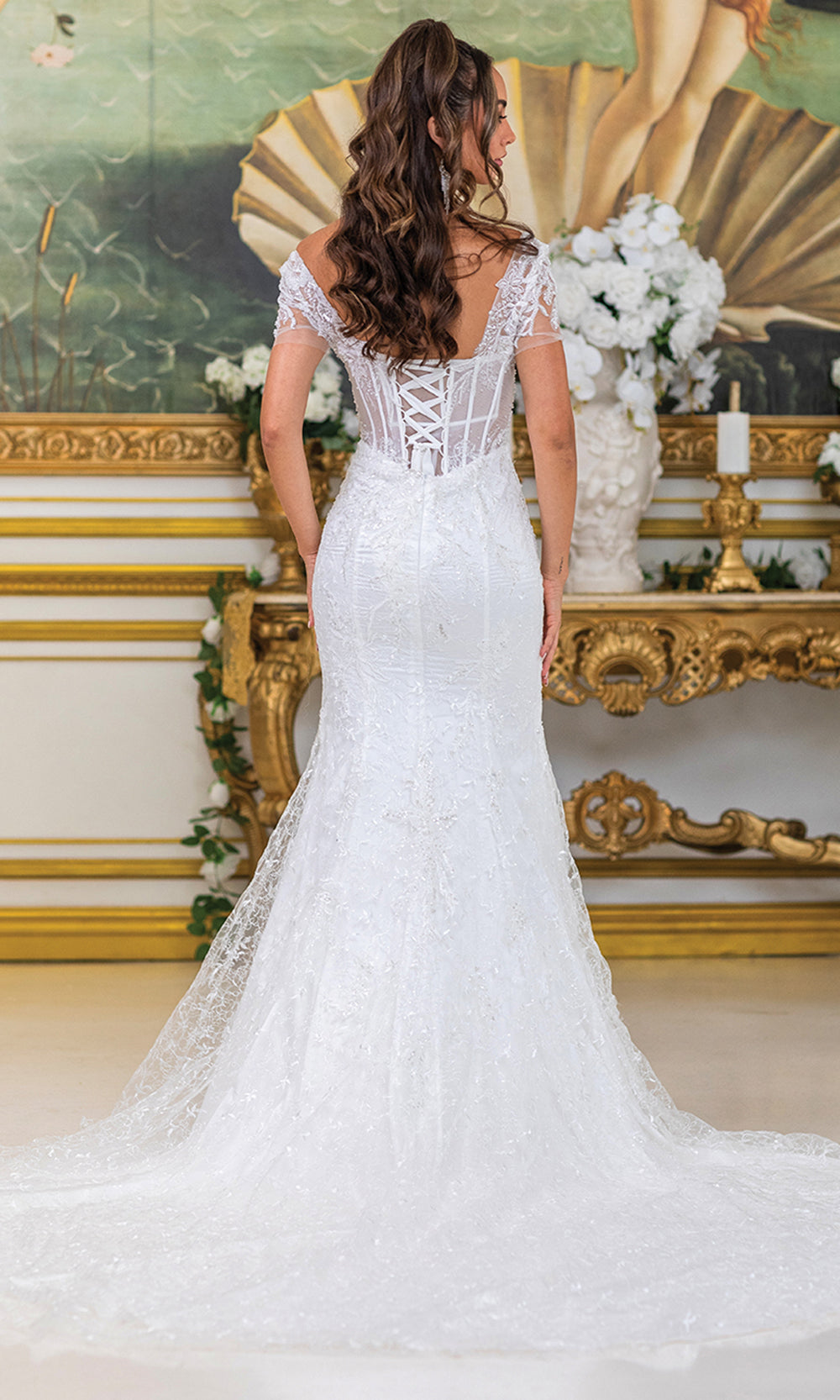 Dancing Queen Bridal 0302 - Illusion Plunging V-Neck Embellished Gown Wedding Dresses in White