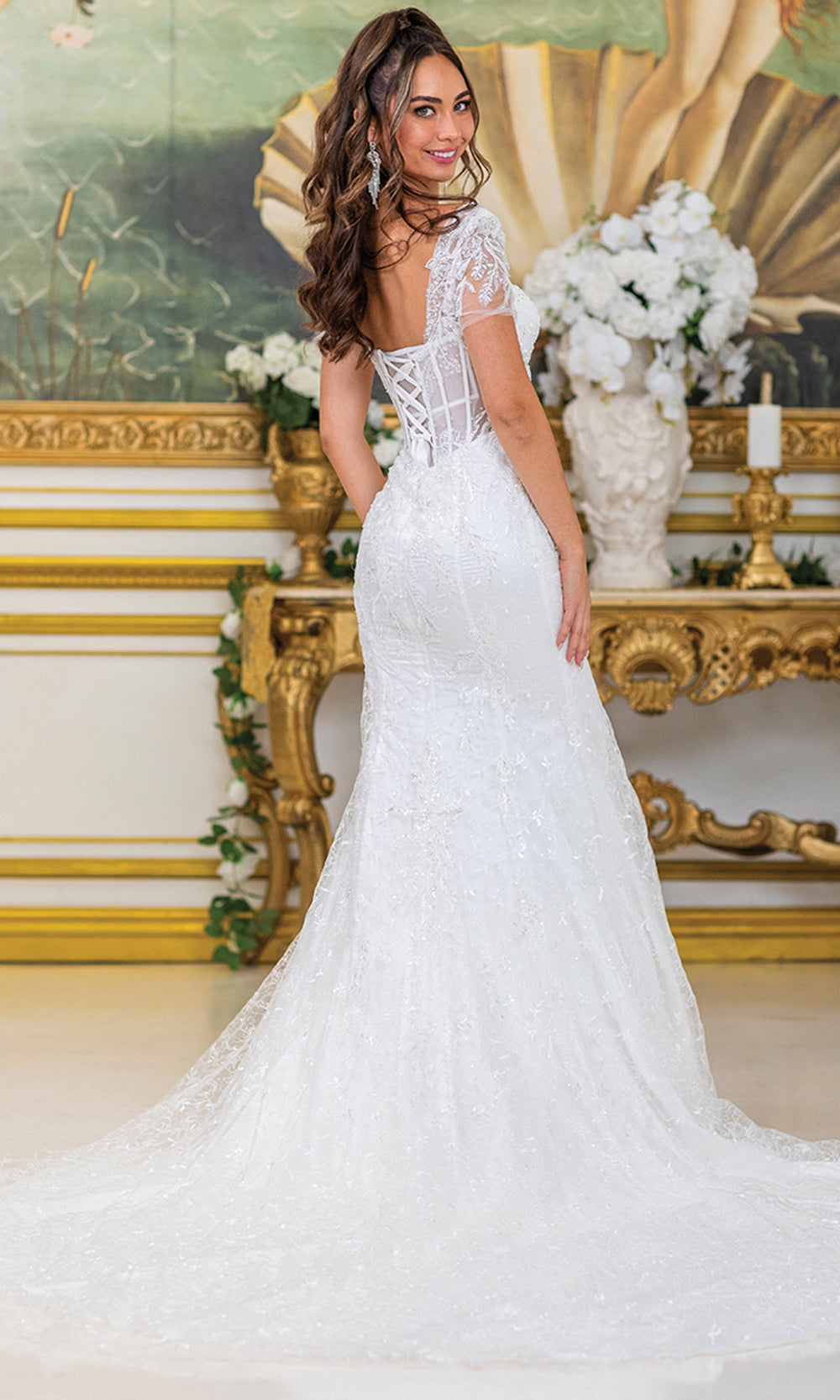 Dancing Queen Bridal 0302 - Illusion Plunging V-Neck Embellished Gown Wedding Dresses in White