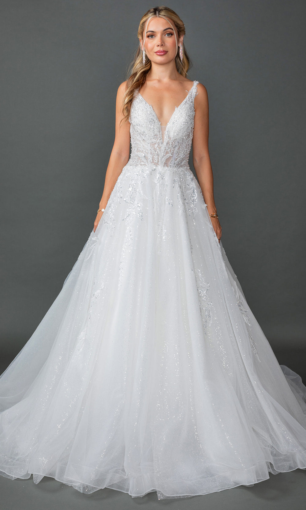 Dancing Queen Bridal 0315 - Plunging V-Neck Embellished Ballgown Wedding Dresses in White