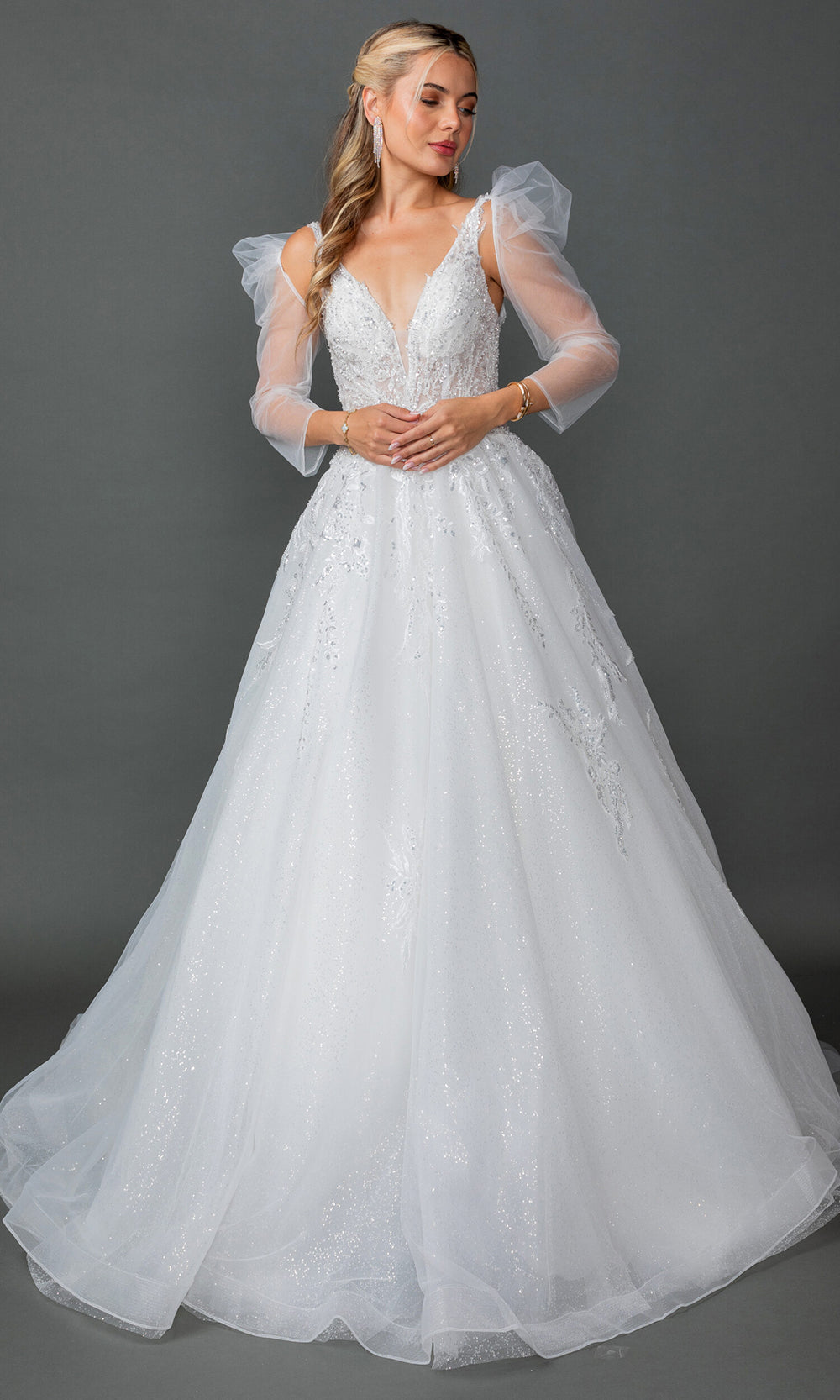 Dancing Queen Bridal 0315 - Plunging V-Neck Embellished Ballgown Wedding Dresses in White