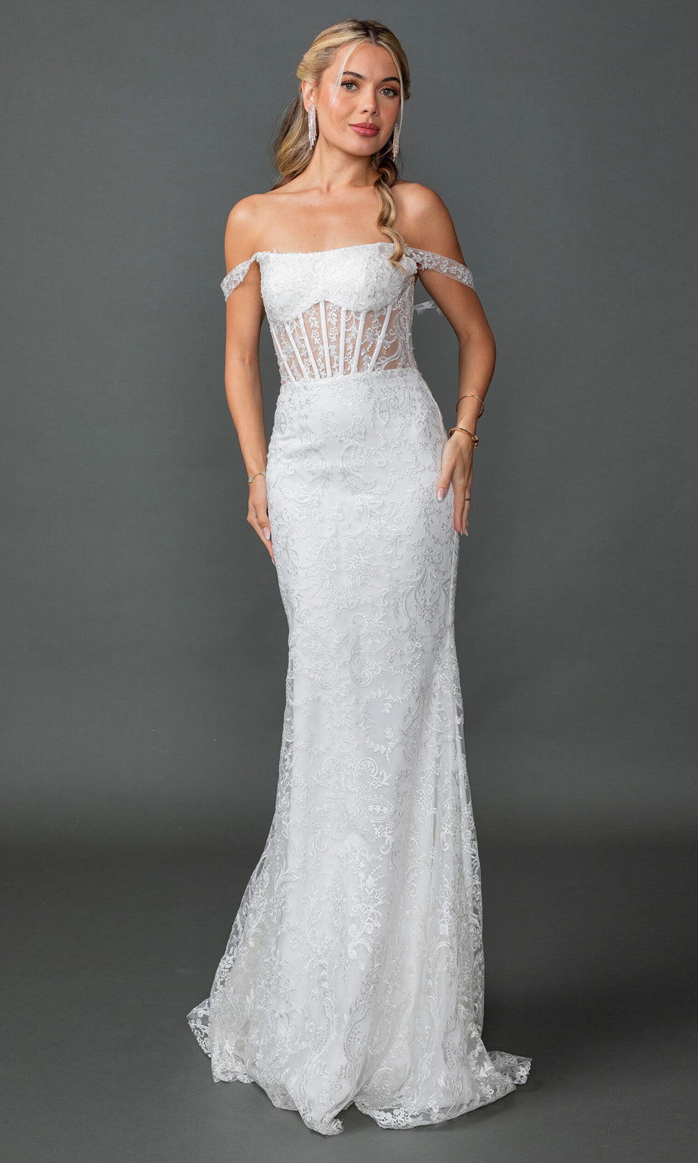 Dancing Queen Bridal 0319 - Lace Applique Off Shoulder Sheath Gown Bridal Dresses in White 
