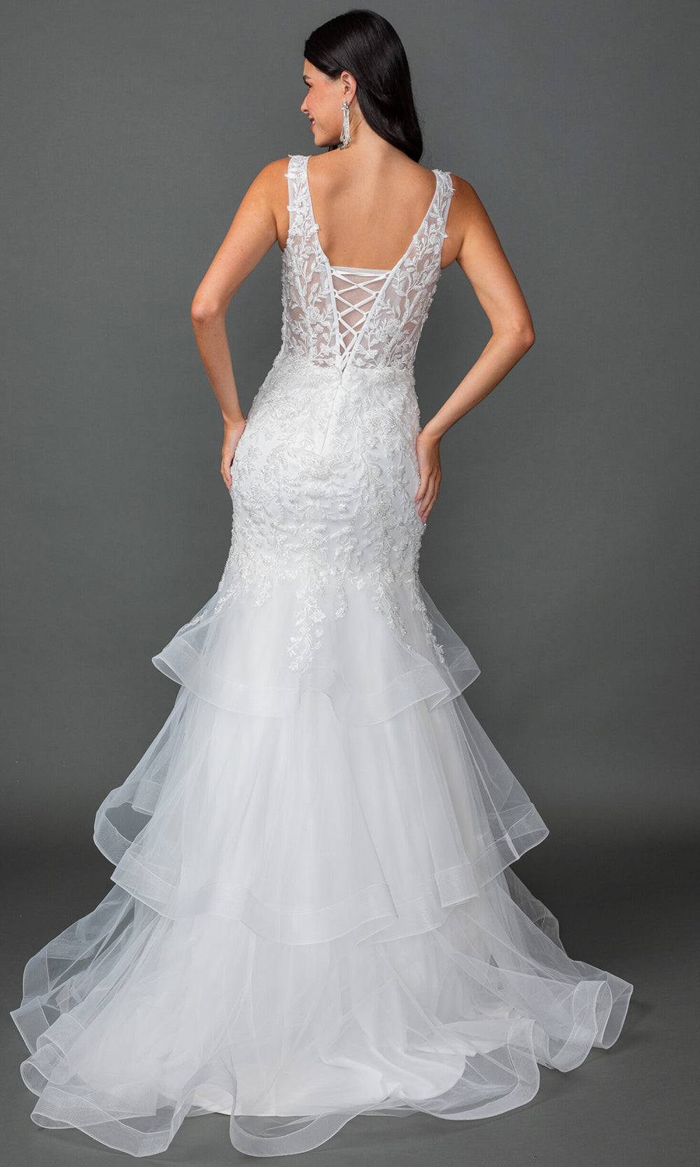 Dancing Queen Bridal 0320 - Tiered Mermaid Skirt Embroidered Gown Wedding Dresses in White