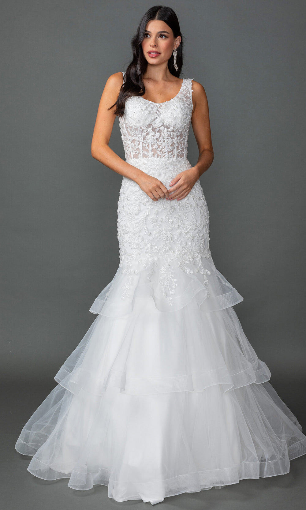 Dancing Queen Bridal 0320 - Tiered Mermaid Skirt Embroidered Gown Wedding Dresses in White