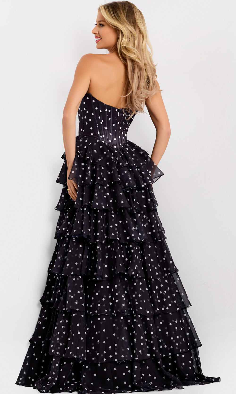 Jovani 49087 - Strapless Tiered Dress with Polka Dot Print