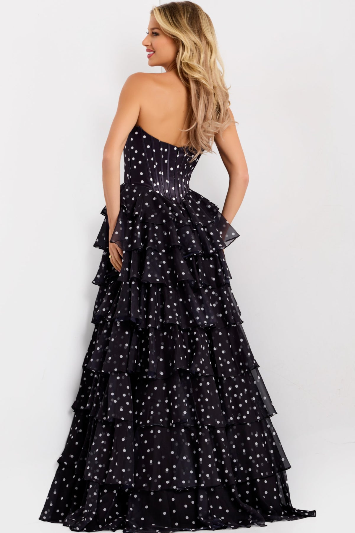 Jovani 49087 - Strapless Tiered Dress with Polka Dot Print Prom Dresses In Black