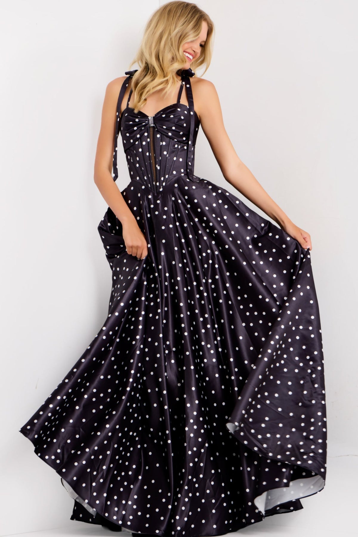 Jovani 49774 - Tie Straps Polka Dot A-Line Gown Prom Dresses In White and Blue