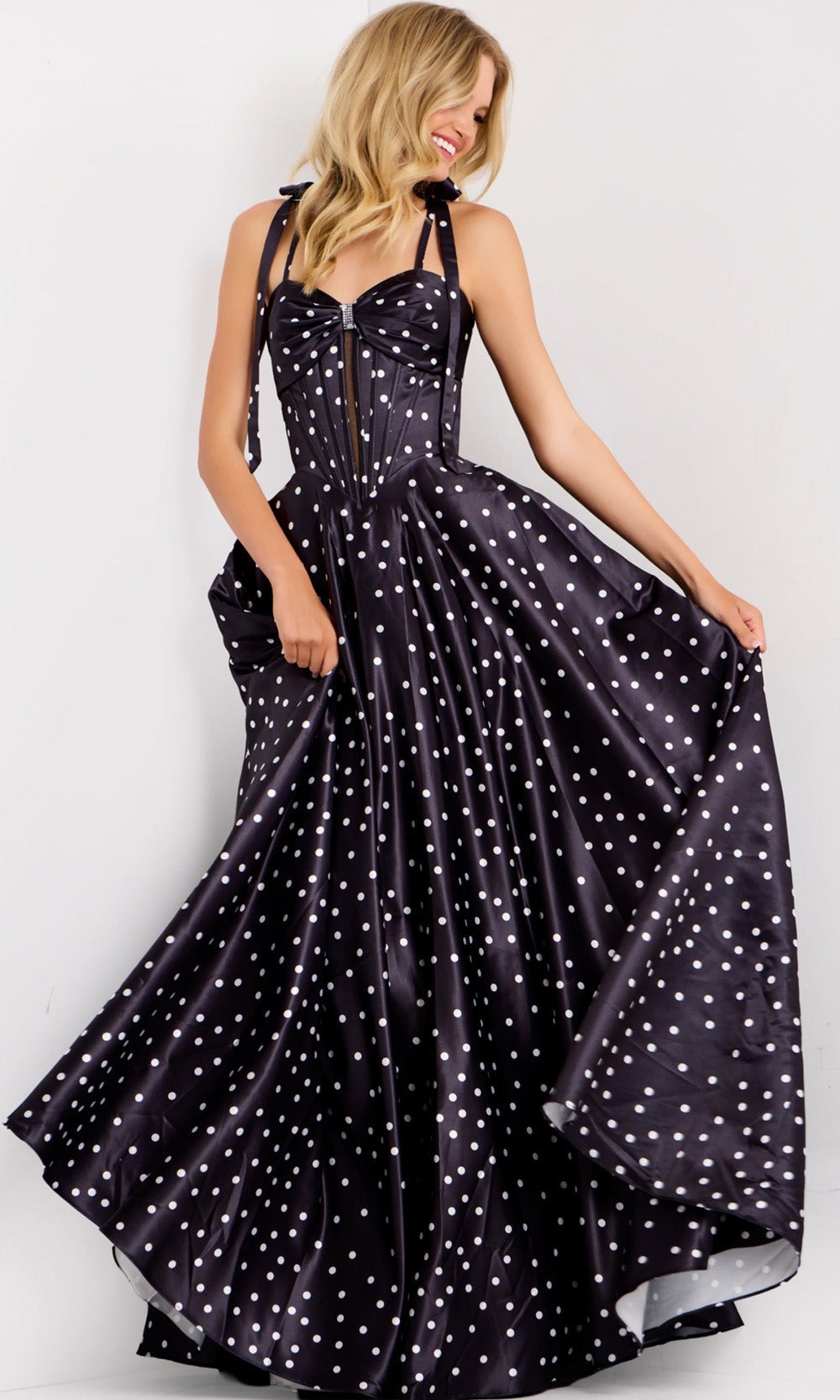 Jovani 49774 - Tie Straps Polka Dot A-Line Gown