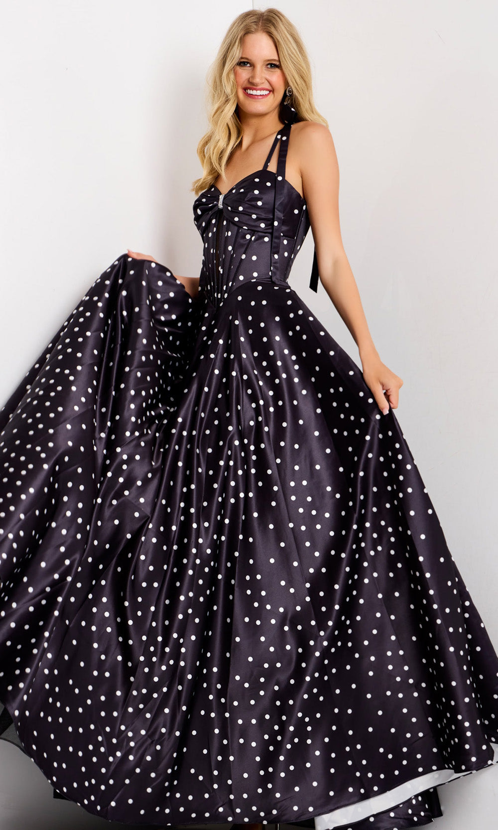 Jovani 49774 - Tie Straps Polka Dot A-Line Gown