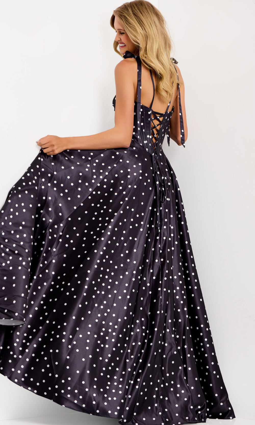 Jovani 49774 - Tie Straps Polka Dot A-Line Gown