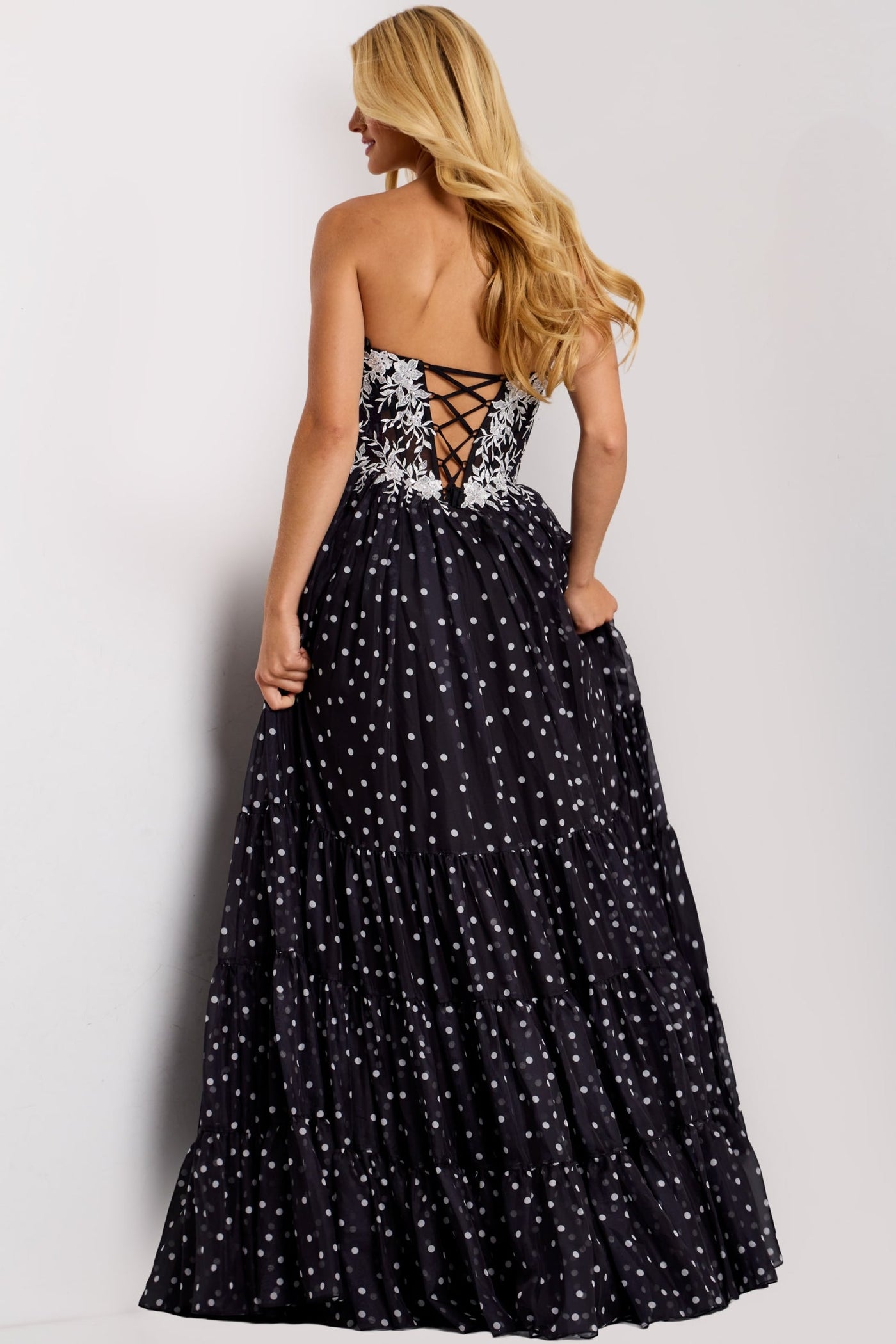 Jovani 49086 - Embroidered Corset Tiered Polka Dot Gown Prom Dresses In Black
