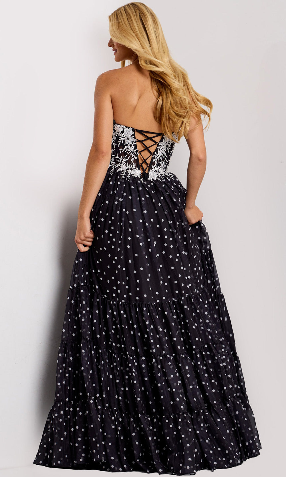 Jovani 49086 - Embroidered Corset Tiered Polka Dot Gown