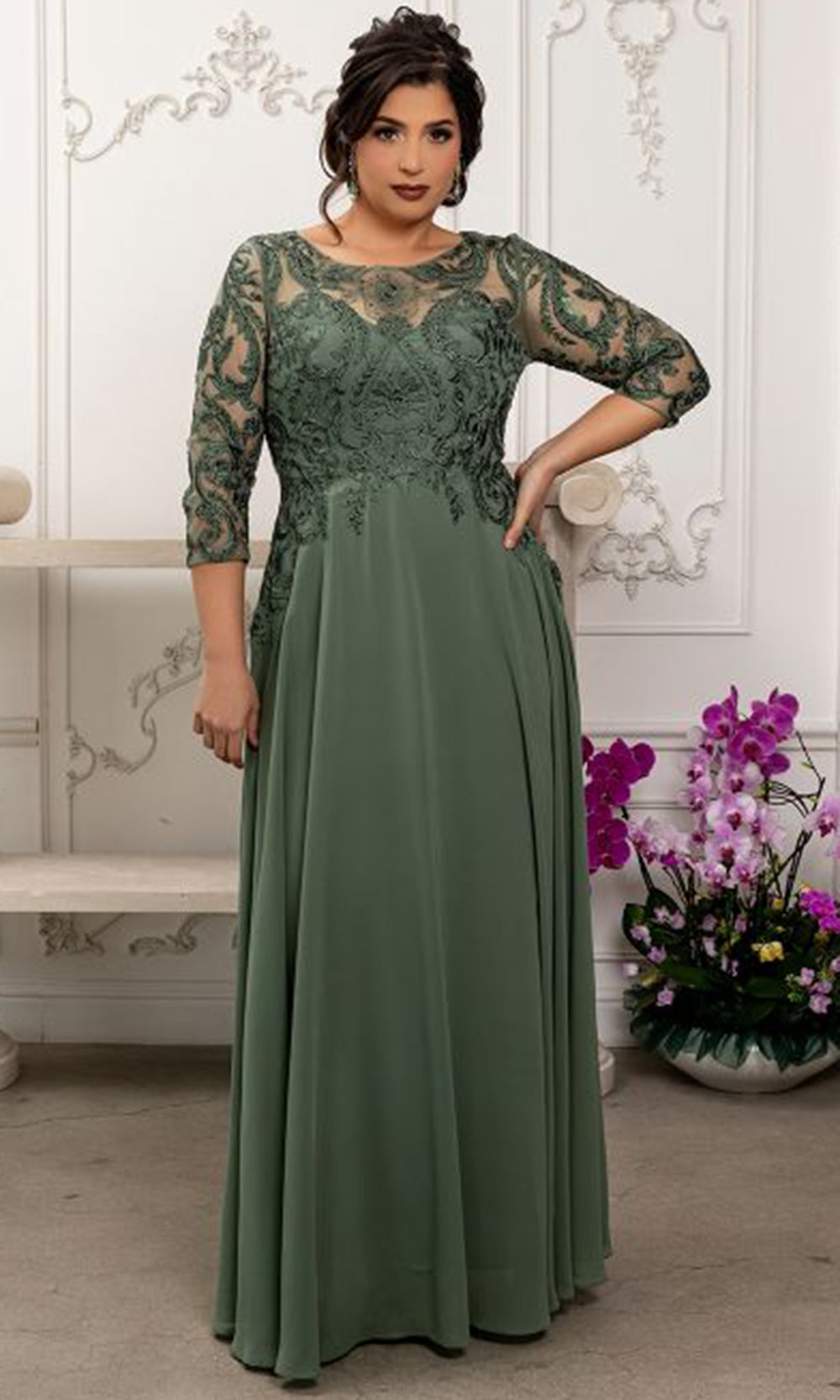 May Queen MQ2210 - Jewel Neck Lace Bodice Formal Gown