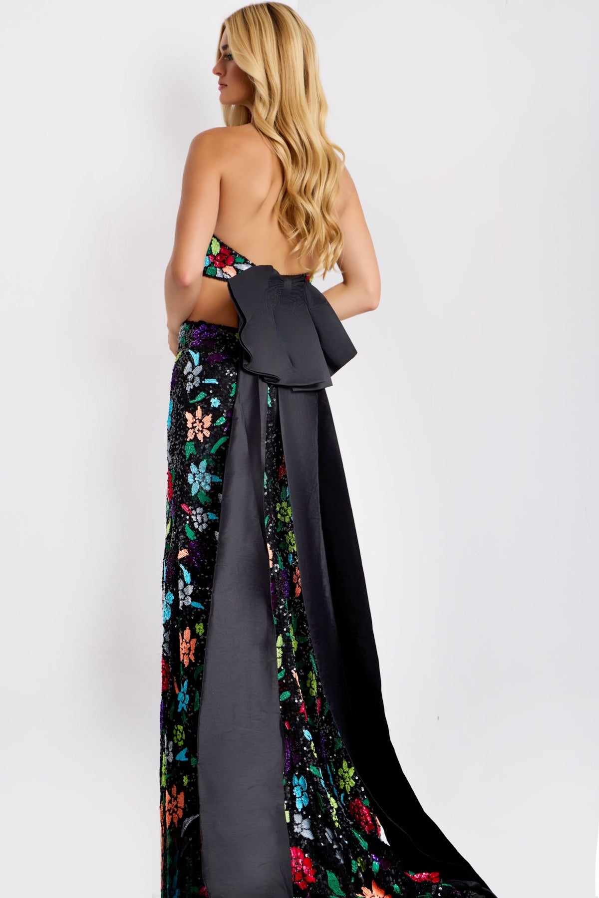Jovani 49251 - Floral Sequin Cutout Dress with Bow Back Prom Dresses in Black and Multi