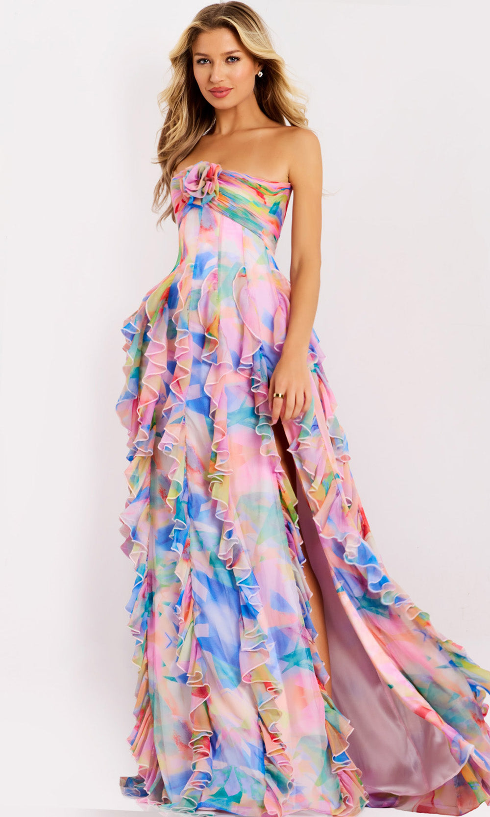 Jovani 46381 - Colorful Straight Neck Ruffle Gown