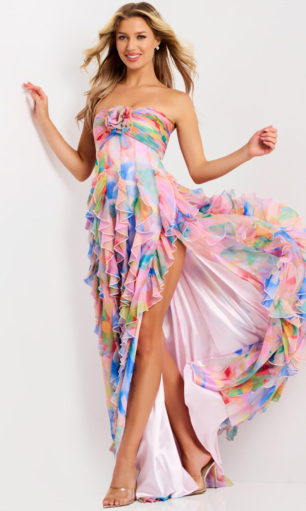 Jovani 46381 - Colorful Straight Neck Ruffle Gown