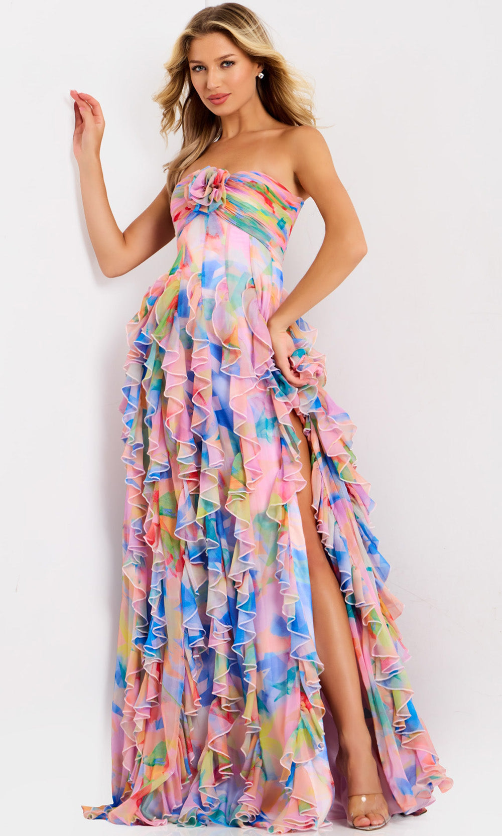 Jovani 46381 - Colorful Straight Neck Ruffle Gown