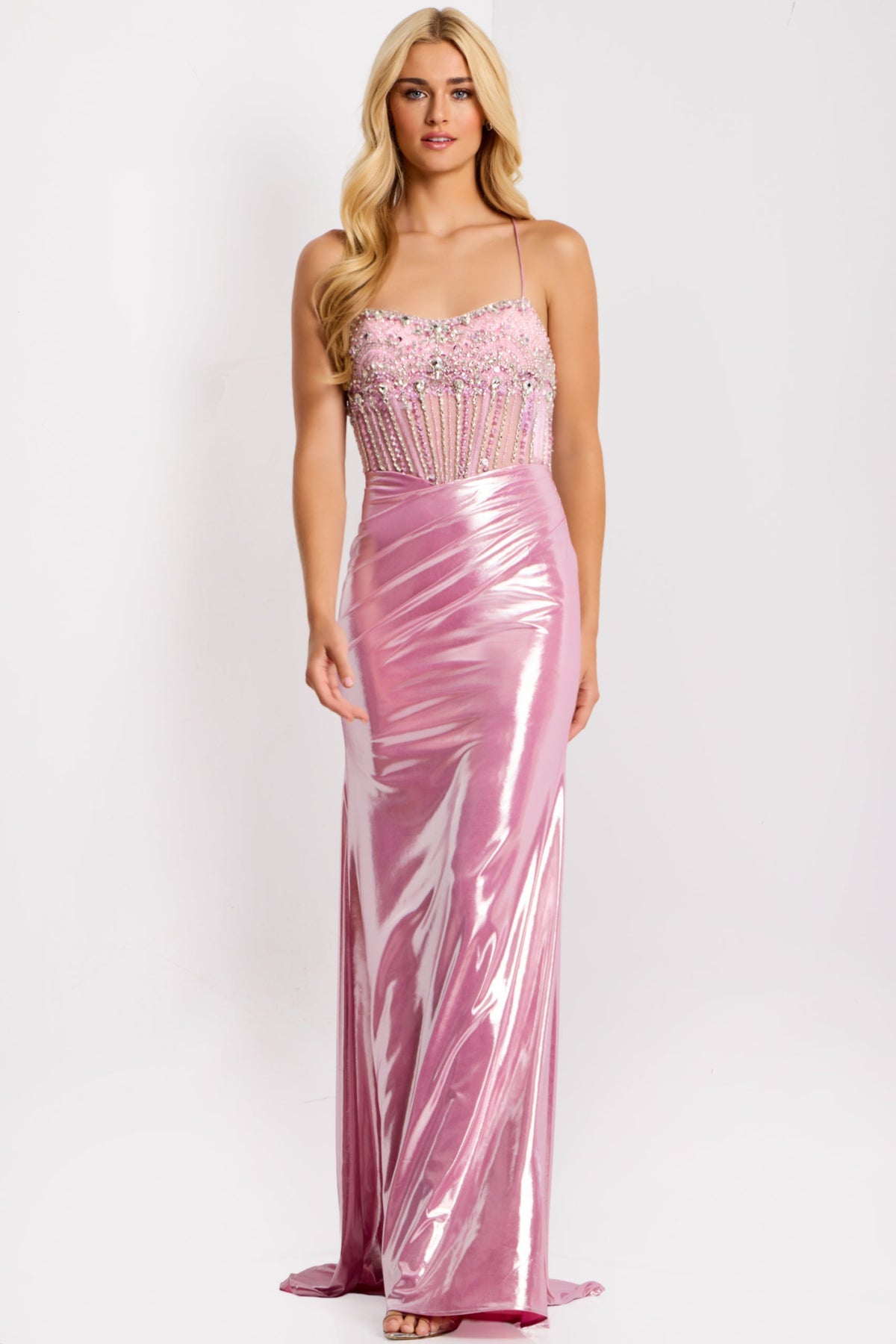 Jovani 47325 - Strapless Satin Dress with Beaded Top Prom Dresses in In Pink