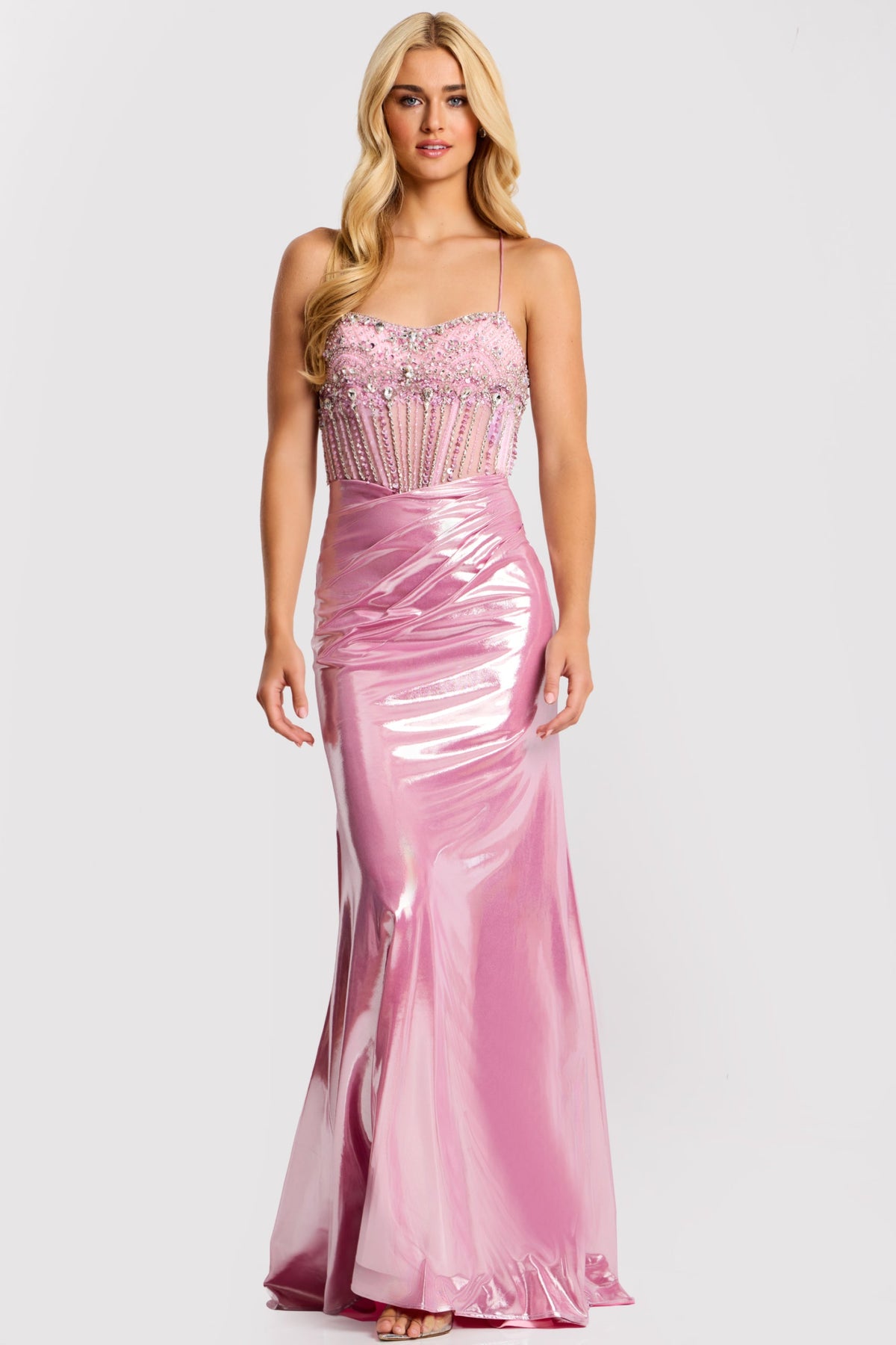 Jovani 47325 - Strapless Satin Dress with Beaded Top Prom Dresses in In Pink