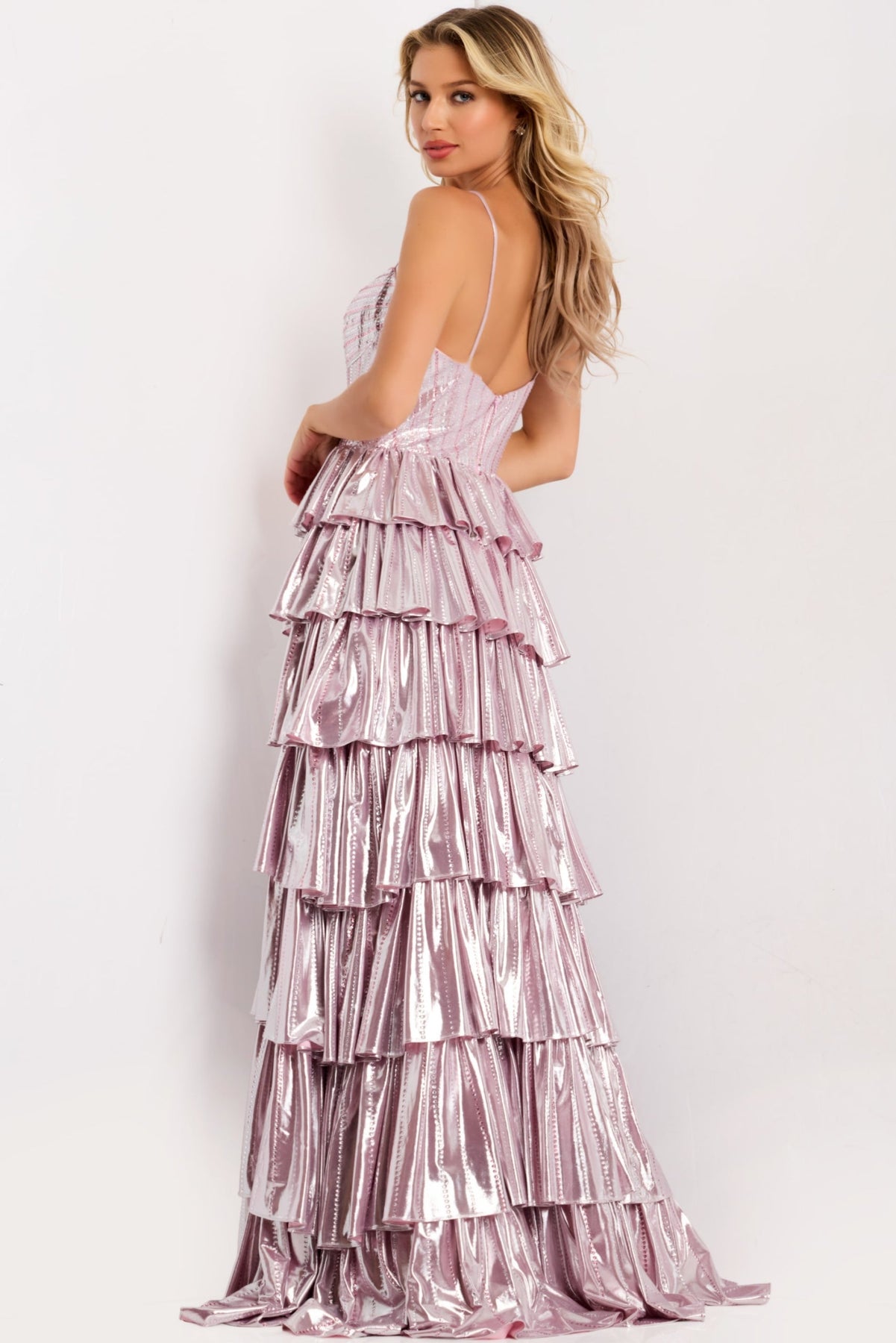 Jovani 48341 - Tiered Ruffle A-Line Metallic Gown Prom Dresses in In Pink